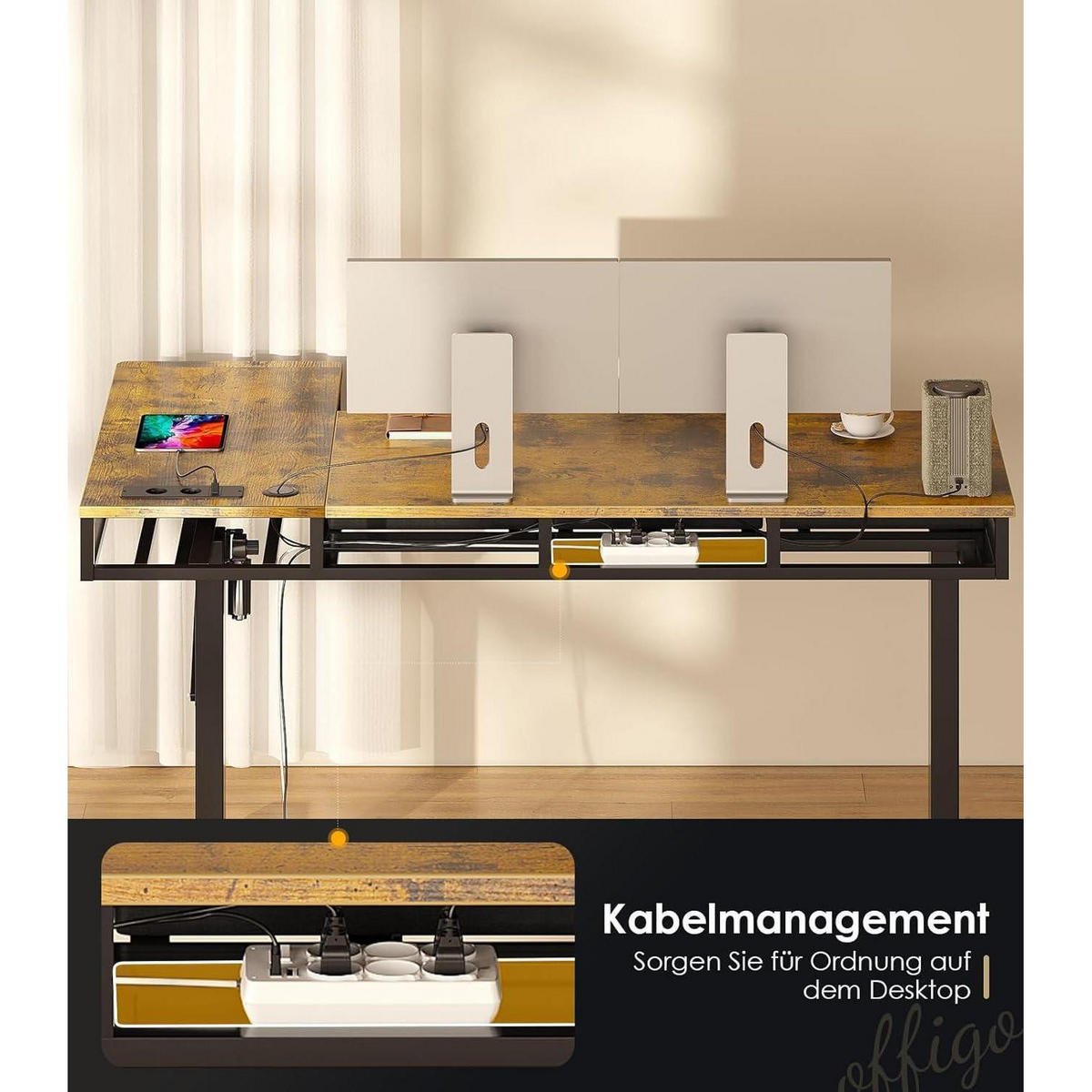 ECKSCHREIBTISCH höhenverstellbar 140 x 80 cm Vintage Braun mit Steckdose und 4 Schubladen - Braun, Holzwerkstoff (80/140/72cm)