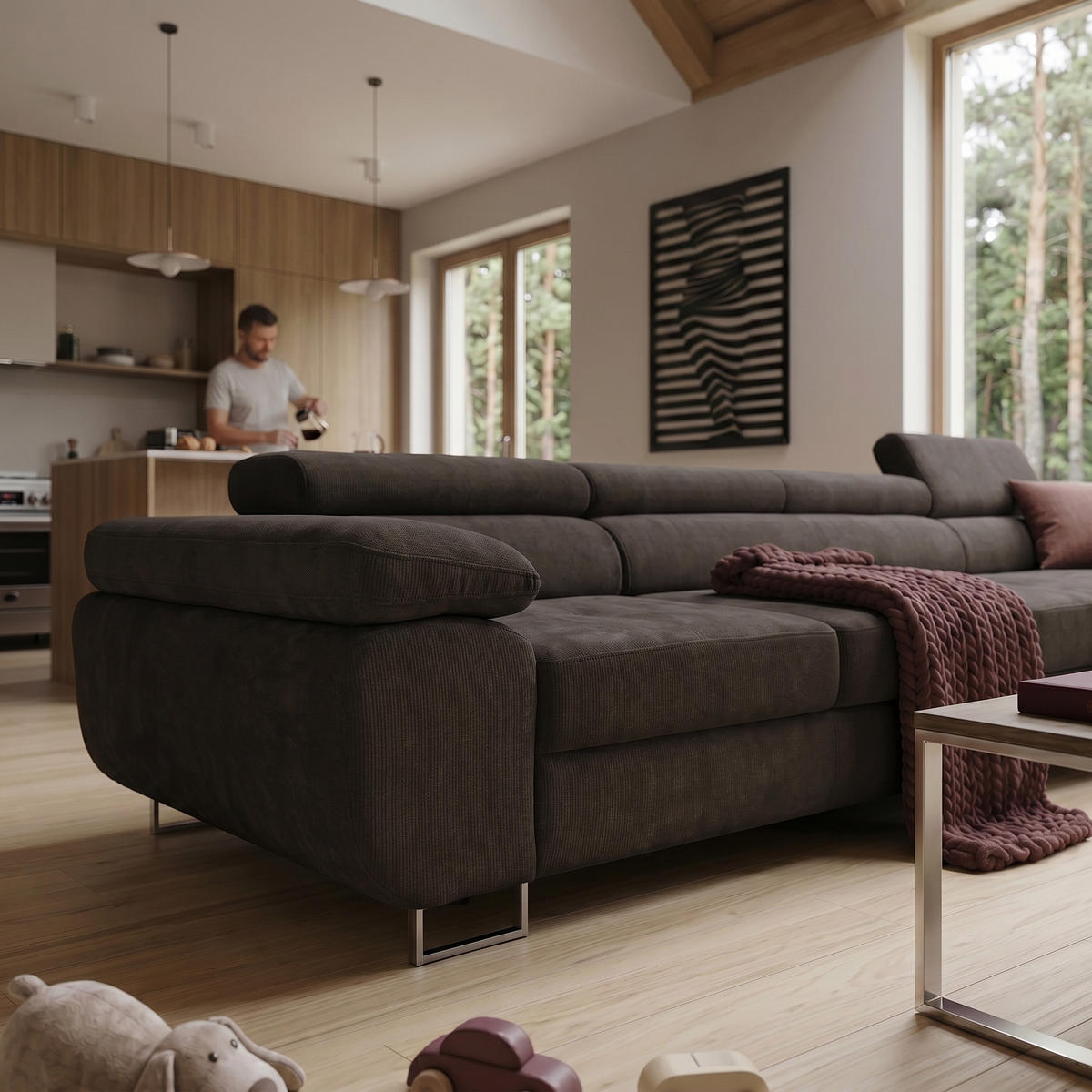 ECKSOFA ALONZO MAXI Rechts mit Schlaffunktion 125x195 Chenille Dunkelbraun - Chromfarben/Dunkelbraun, Holz/Textil (350/203cm) - Muffo