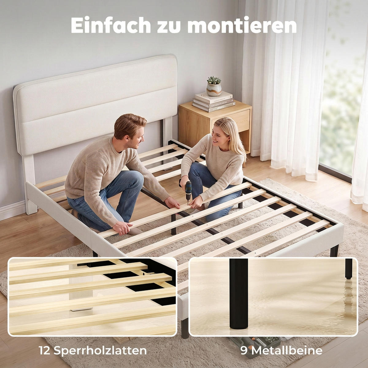 BETTGESTELL Polyester Sperrholz Beige - Beige, Holzwerkstoff/Textil (140/200cm) - HOMCOM