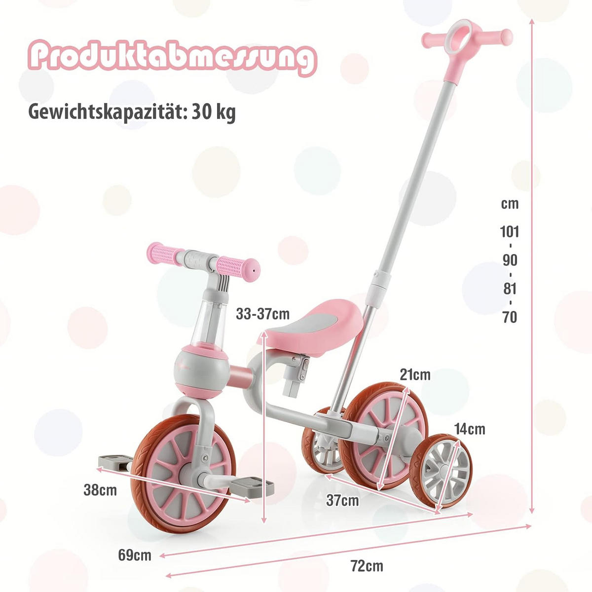 DREIRAD 4 in 1 Kinder dreirad+ Laufrad Pink - Pink, Kunststoff (37/72/101cm) - COSTWAY