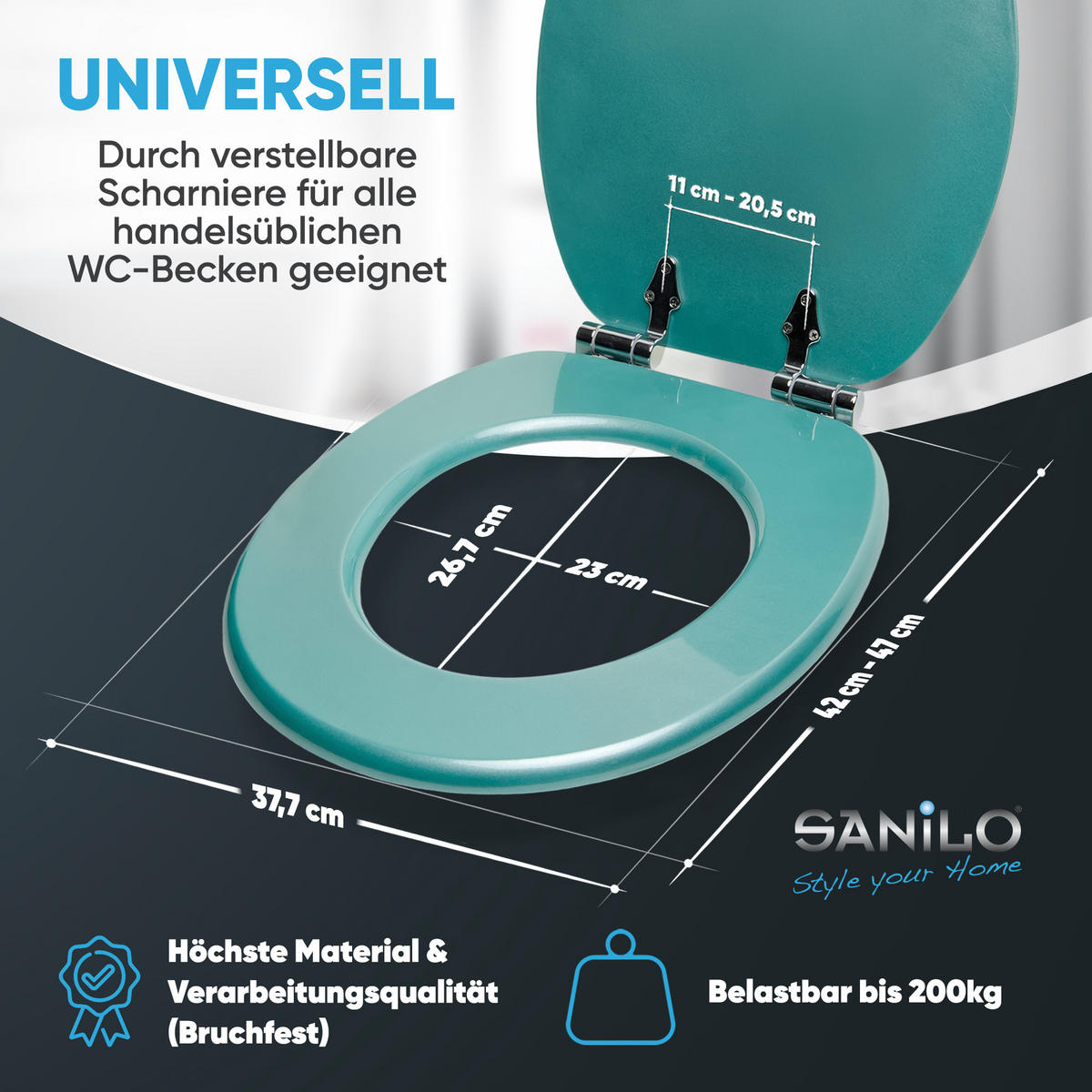 WC-SITZ Absenkautomatik Glitzer Türkis - Türkis, Holzwerkstoff (38/6/47cm) - Sanilo