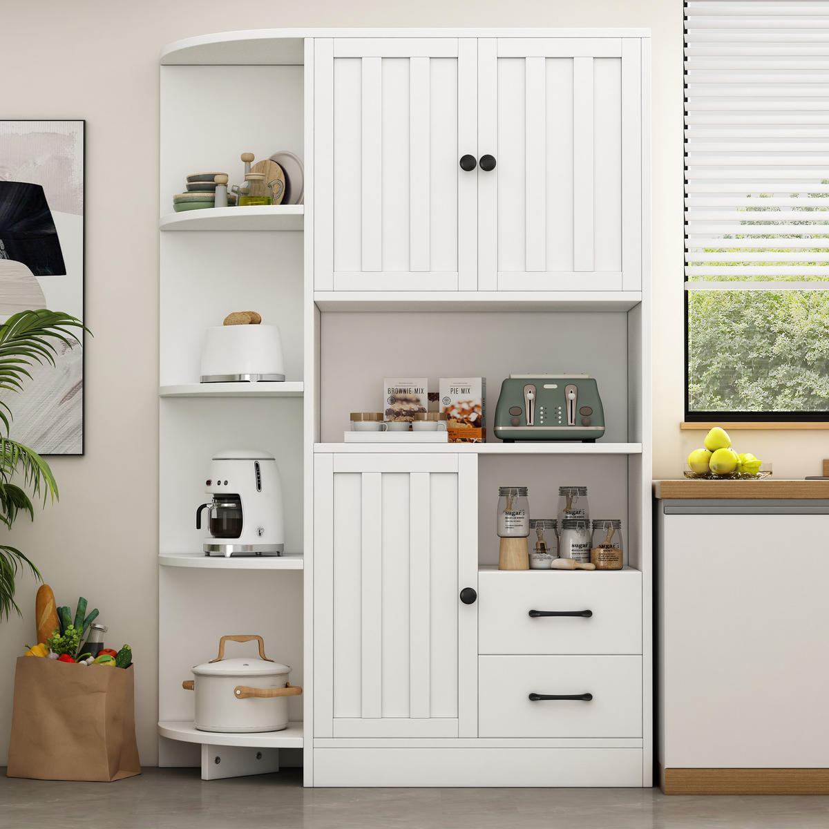 BUFFET mit 3 Schränken 2 Schubladen und 14 Ablageflächen 104/35/155 cm - Weiß, Holzwerkstoff (104/155/35cm) - EVRYAE