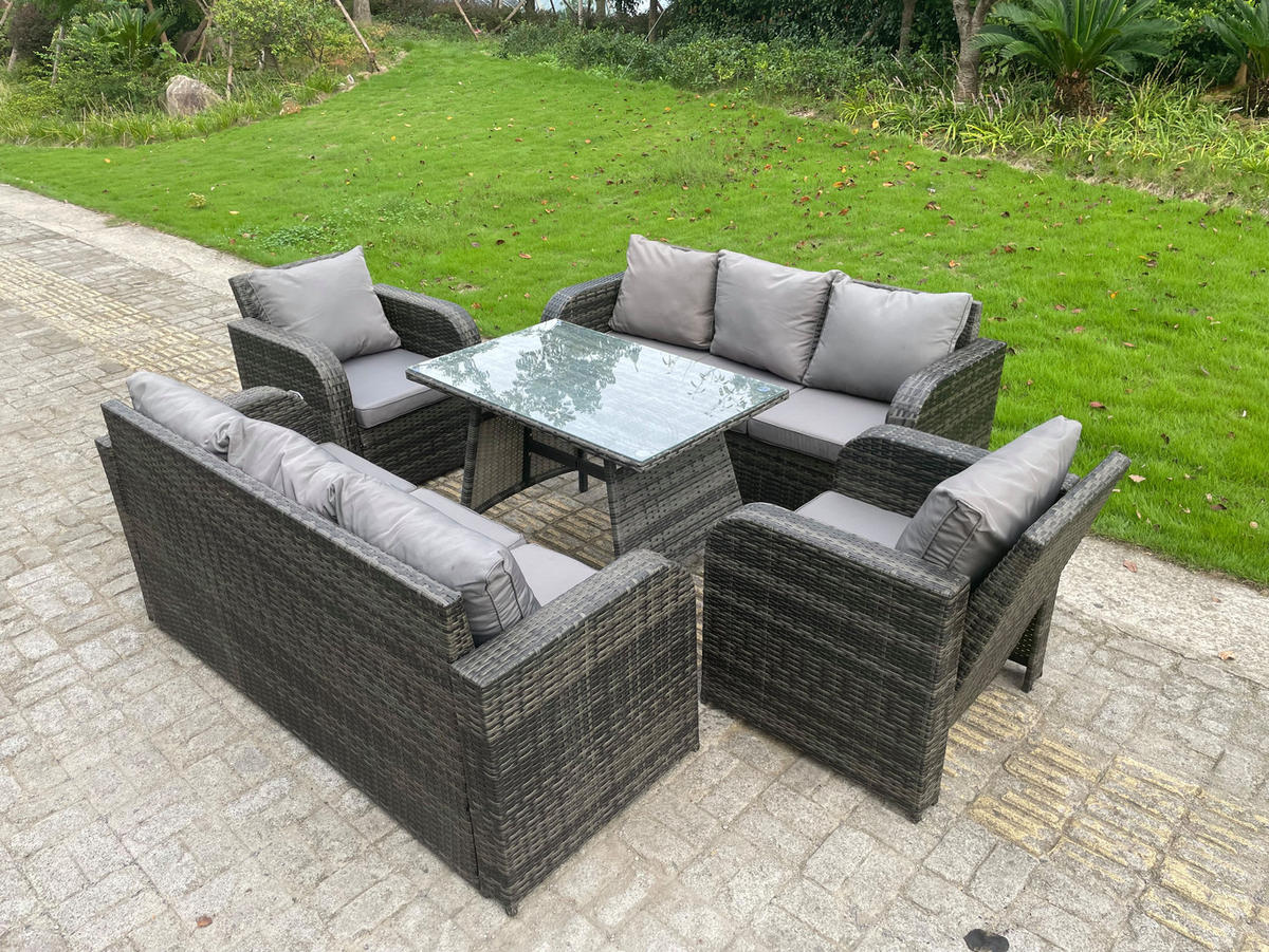 GARTENMÖBEL SET PE Polyrattan Grau - Dunkelgrau/Grau, Glas/Kunststoff - Fimous
