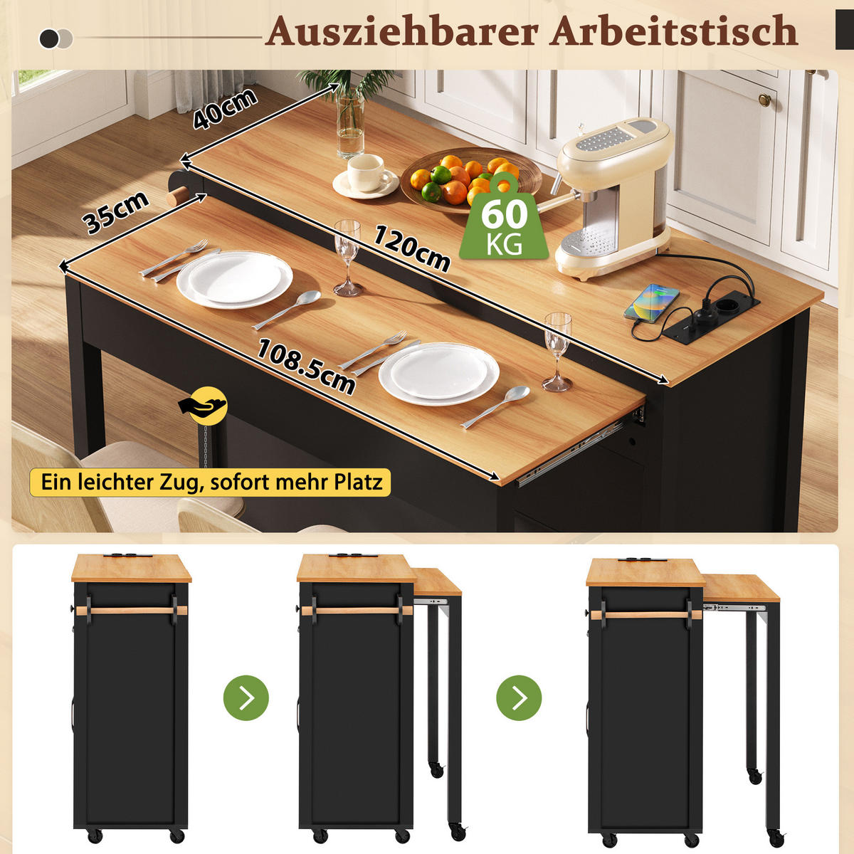 KÜCHENINSEL 120/40-75/92 cm in Schwarz mit Rollen und Auszugplatte - Schwarz, Holzwerkstoff (120/92/75cm) - Flora Grace