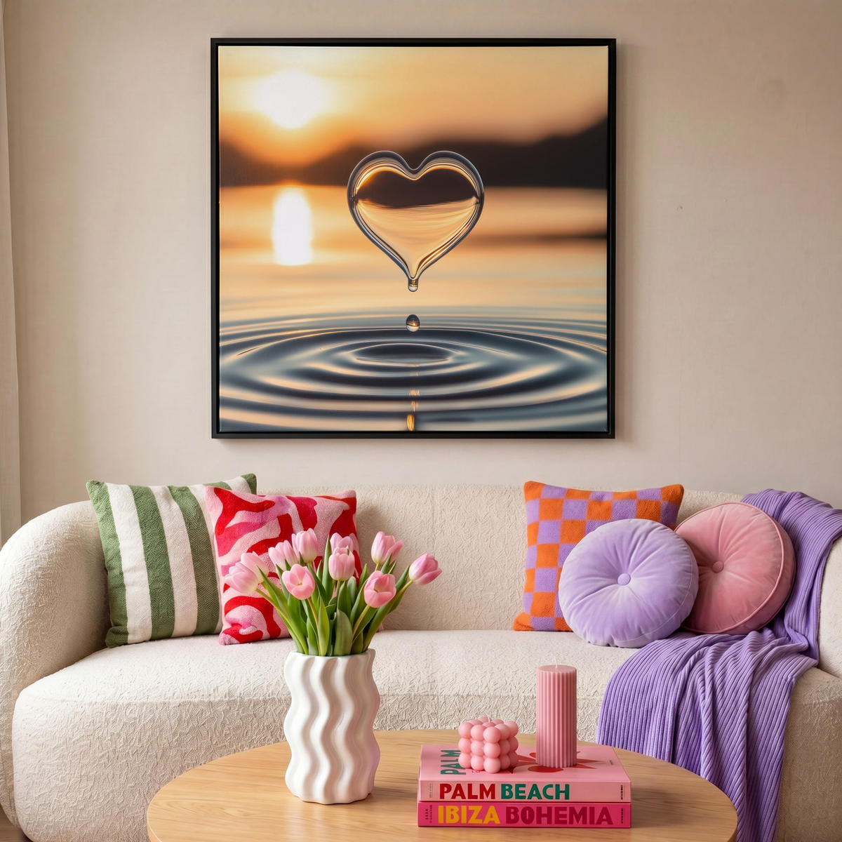 LEINWAND Bilder mit Rahmen - Herz - Wasser - Sonnenuntergang - Natur - Zen - 90x90 - Bernsteinfarben, Textil (90/90cm) - MuchoWow