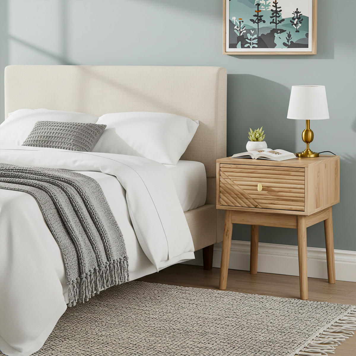 NACHTTISCH Set 2er Eiche 40 cm – Mid Century Nachtkonsole mit Strukturfront & Metallgriff - Eichefarben, Holzwerkstoff (40/55/40cm) - Urban Meuble