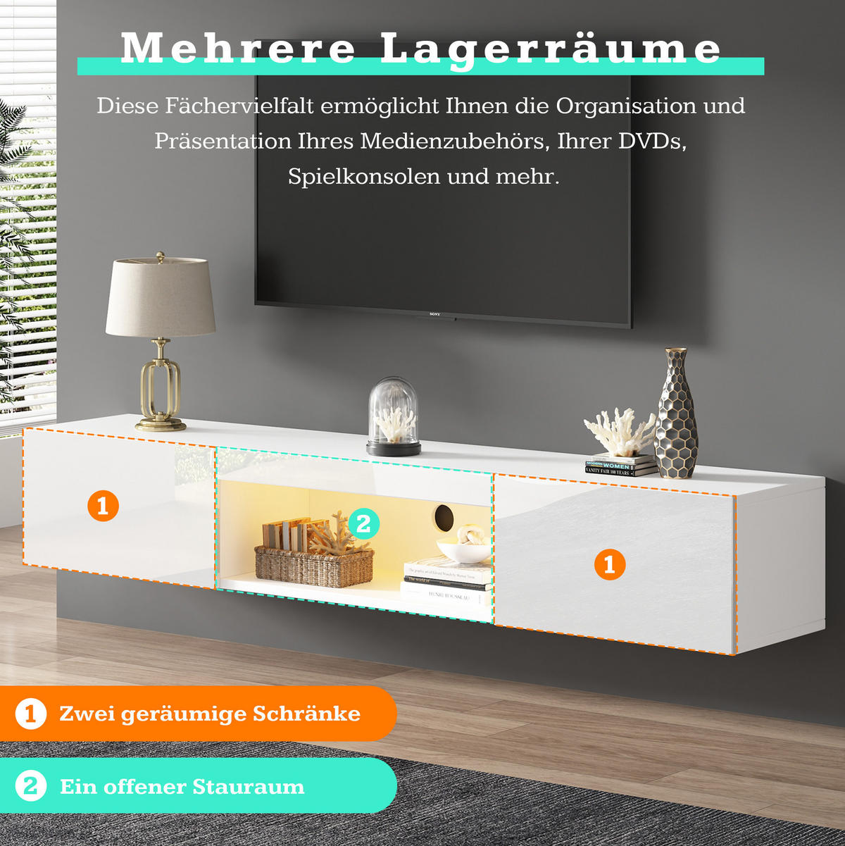 TV-WANDBOARD aus Spanplatte 160x31x22 cm Weiß mit LED-Beleuchtung, Bluetooth-App-Steuerung und Kabelmanagement - Weiß, Holzwerkstoff (160/22/31cm) - Modfu