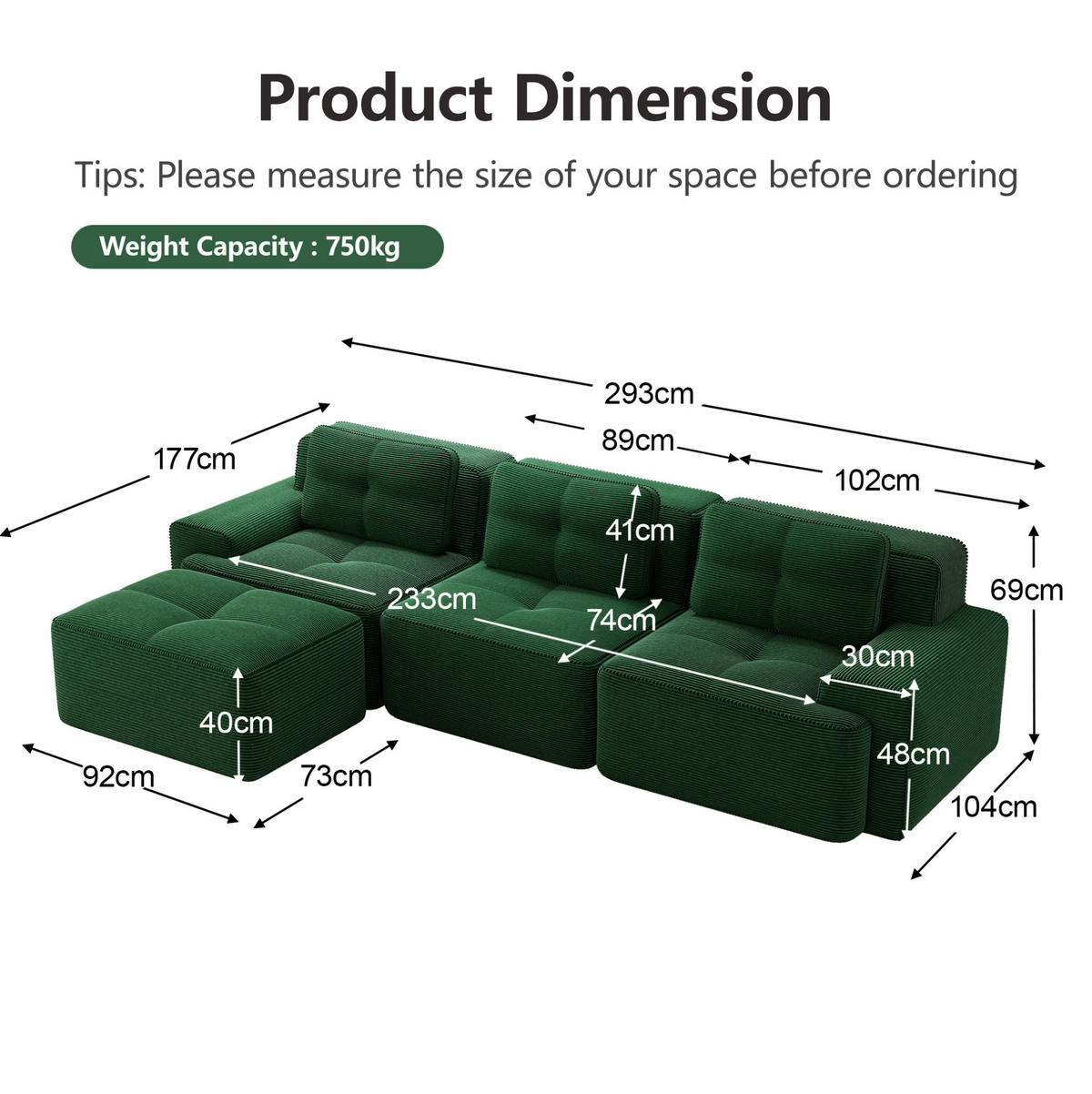SOFA modularer Aufbau Cord Green 4-tlg. - Grün, Kunststoff (177/293.1cm) - Meubliv