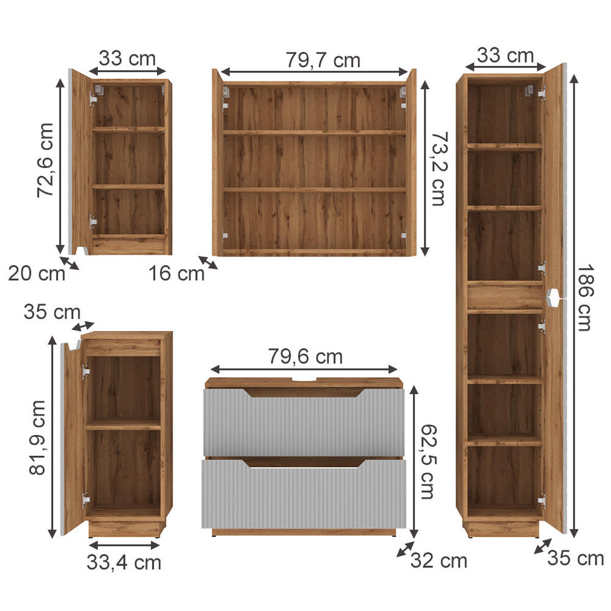 KOUPELNOVÝ NÁBYTEK Lotta Dubový/šedý pruhovaný - šedá/barva dubu, kompozitní dřevo (79.6/62.1/32cm) - Vicco
