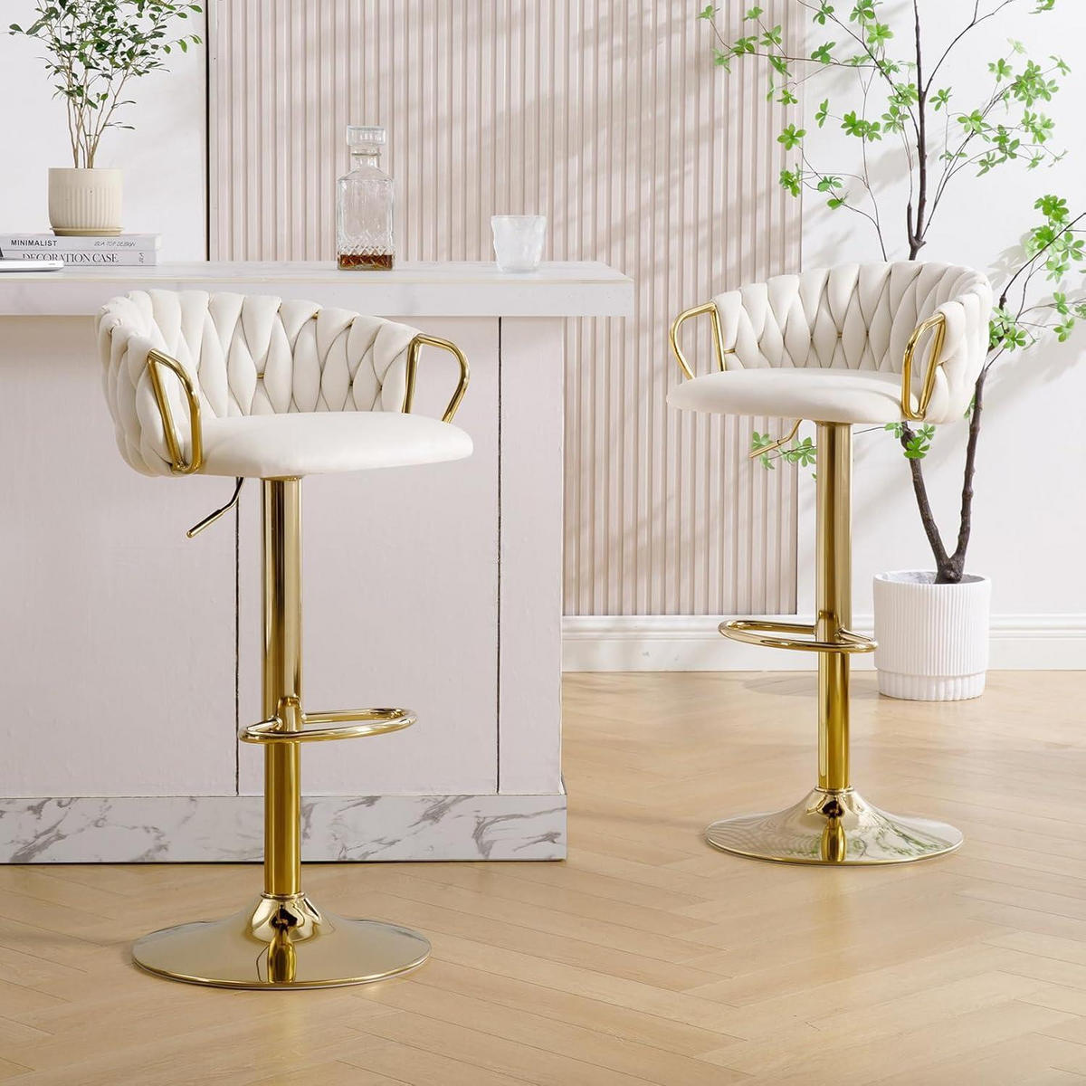 BARHOCKER 4er Set höhenverstellbar drehbar mit geflochtener Rückenlehne Weiß Cream - Weiß, Textil (42/100/39cm)
