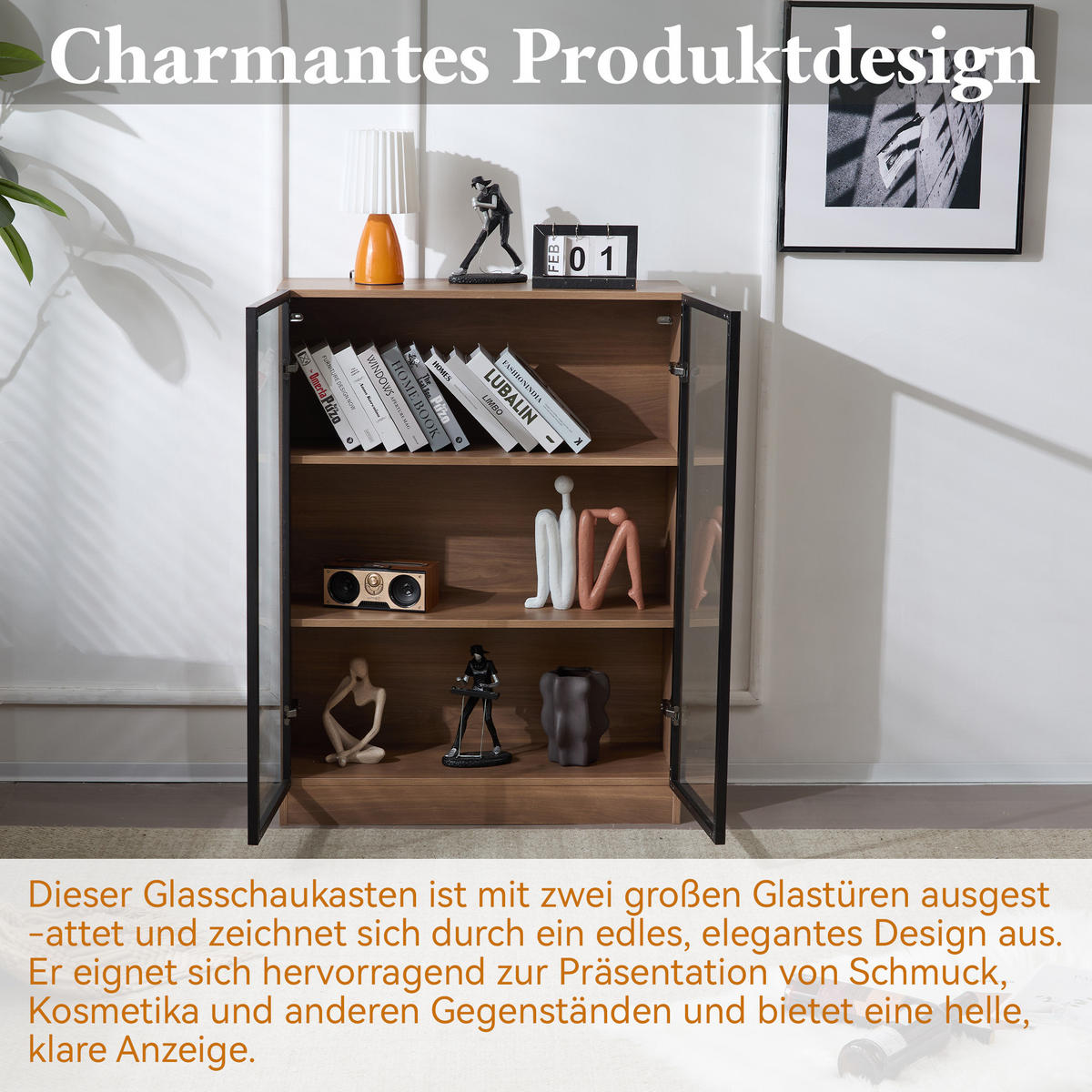 VITRINENSCHRANK Natur Glas LED 3 Böden 80x32x106cm - Walnussfarben, Holzwerkstoff (32/106/80cm) - FLIEKS