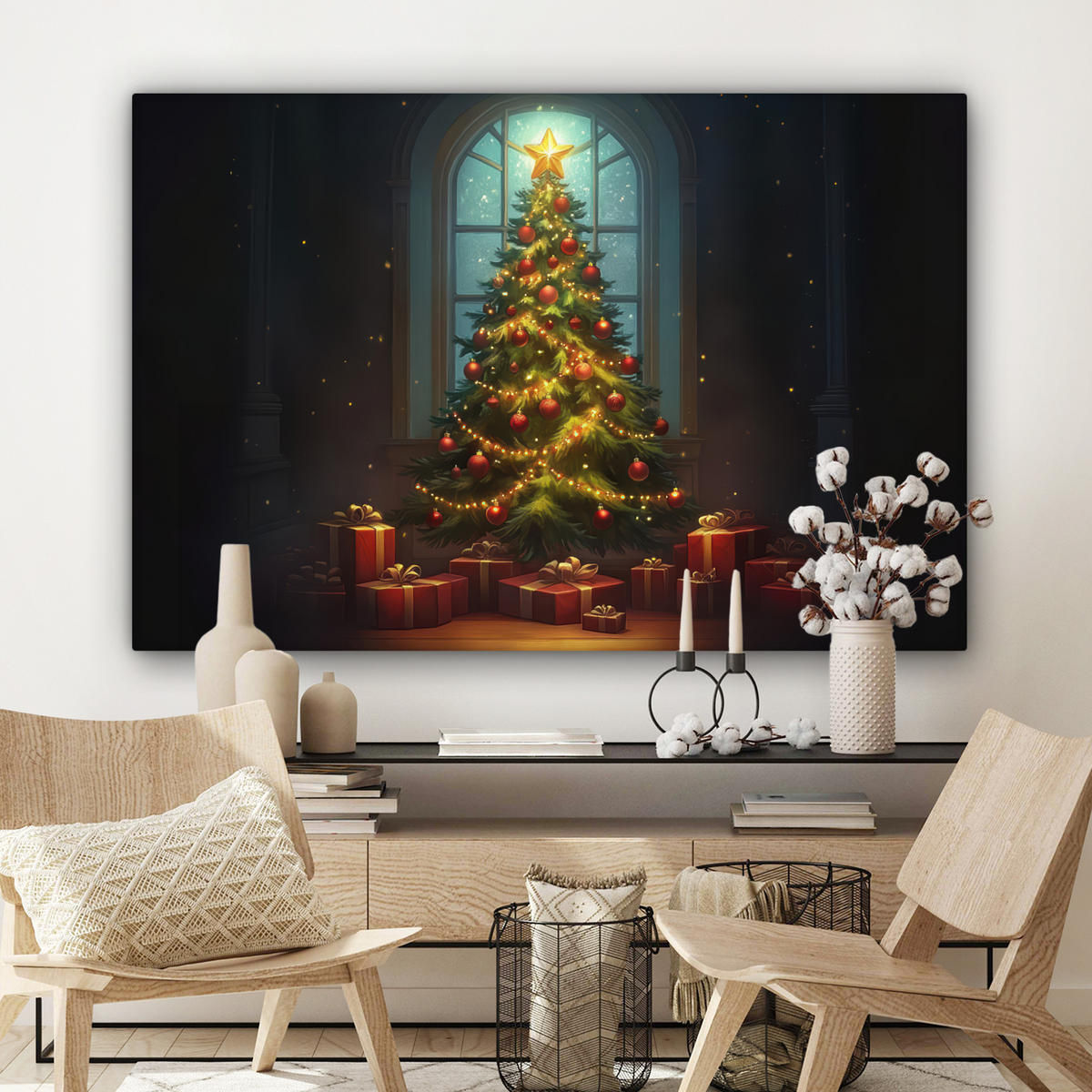 LEINWANDBILD Weihnachtsbaum - Geschenk - Winter Wohnzimmer 120x80 cm - Grün, Textil (120/80cm) - MuchoWow