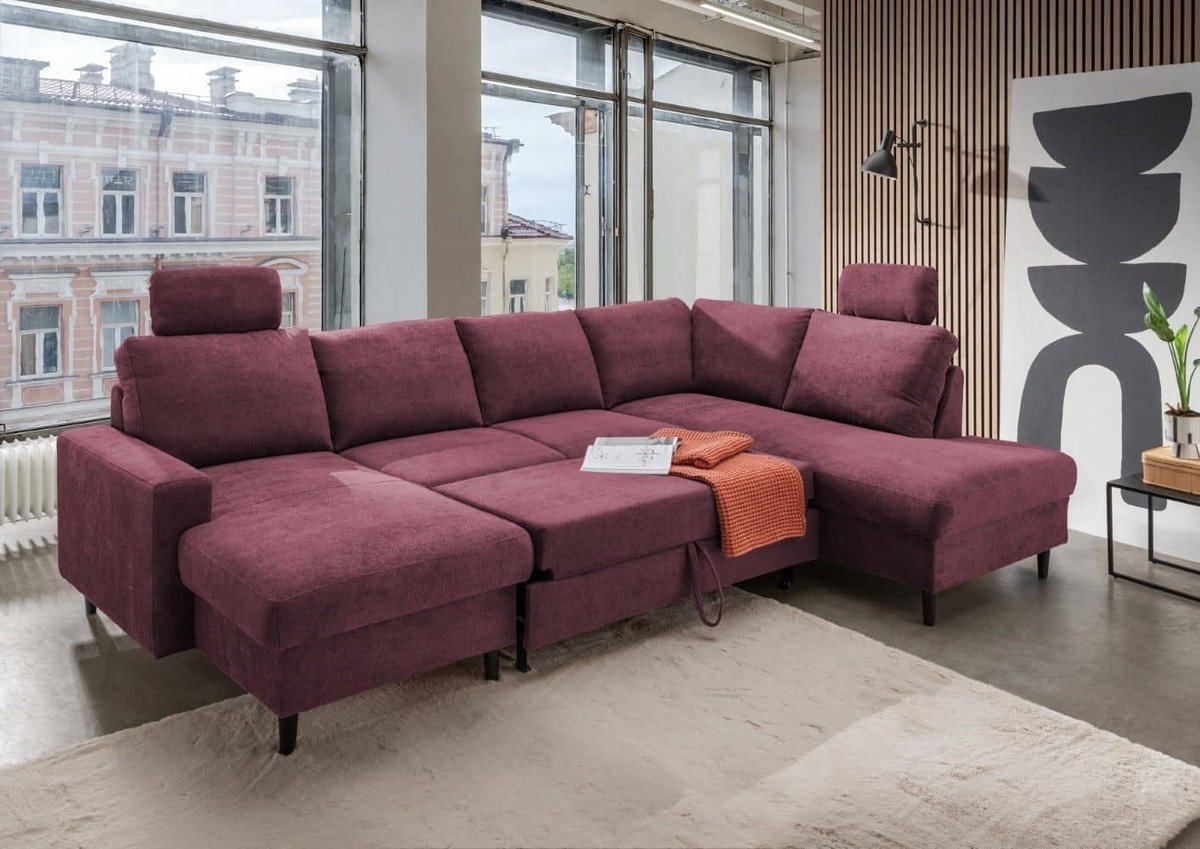 WOHNLANDSCHAFT mit Schlaffunktion und Bettkasten - Pink/Weinrot, Kunststoff/Textil (200/88/305cm) - myHomelando