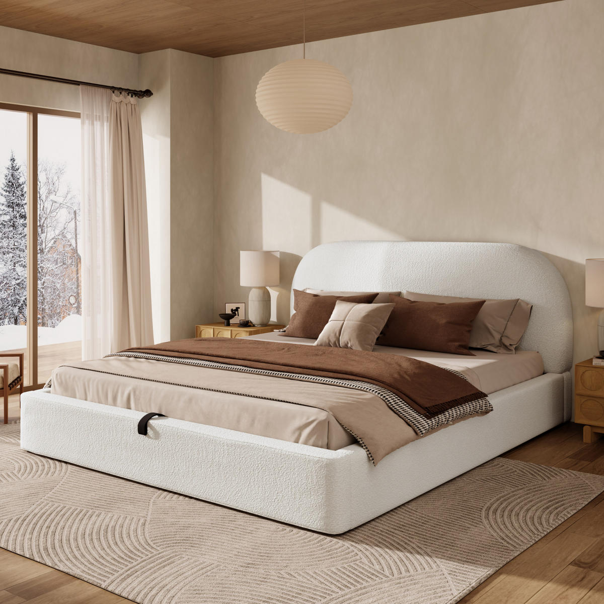 POLSTERBETT aus Bouclé 180x200 cm Beige mit hydraulischem Stauraum, Lattenrost und Matratze - Beige, Textil (180/200cm) - Modfu