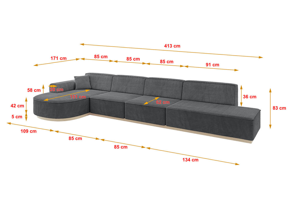 ECKSOFA Ottomane Links ARRIO-L3 - 413x171x83 cm Dunkelgrau - Dunkelgrau, Holzwerkstoff/Textil (413/171cm) - ALTDECOR