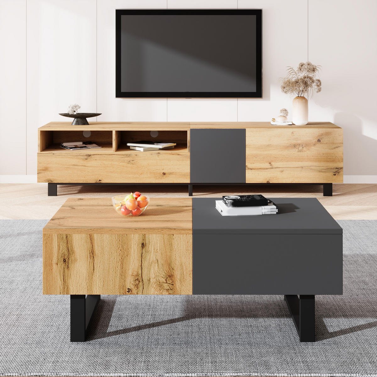 COUCHTISCH mit versteckter Aufbewahrung verschiebbar Holz- und Metallhalterung 155/55/40 cm - Anthrazit/Schwarz, Holzwerkstoff/Metall (155/55/40cm) - EVRYAE