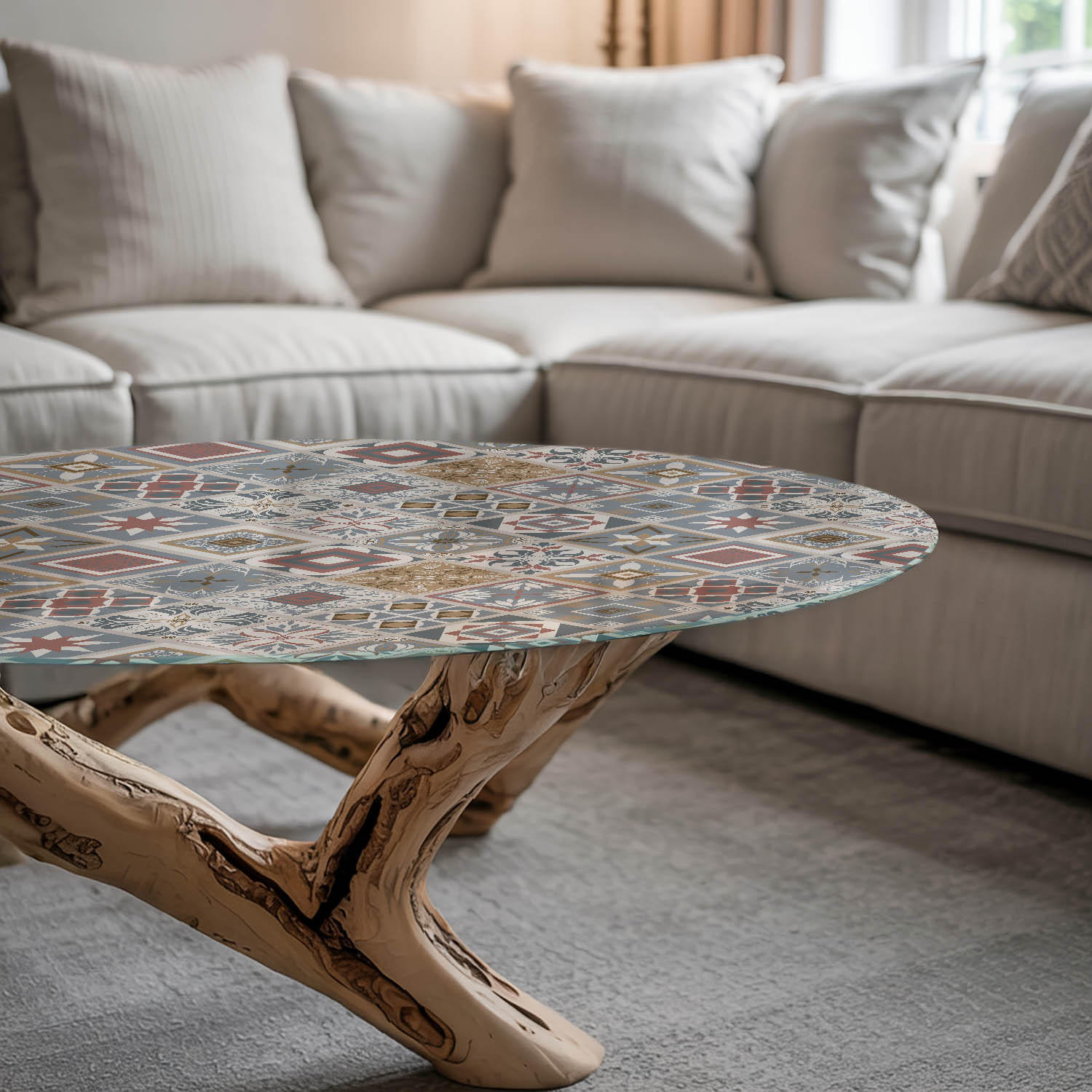 TISCHPLATTE Ø70 cm Mosaikmuster mit Ornamenten Rund - Schlammfarben/Grau, Glas (70/70/0.4cm) - TULUP