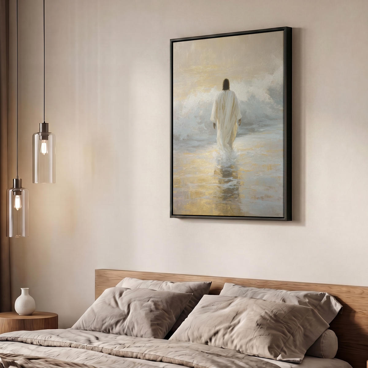 LEINWAND Bilder mit Rahmen - Gemälde - Welle - Jesus - Abstrakt - 60x80 - Goldfarben, Textil (60/80cm) - MuchoWow