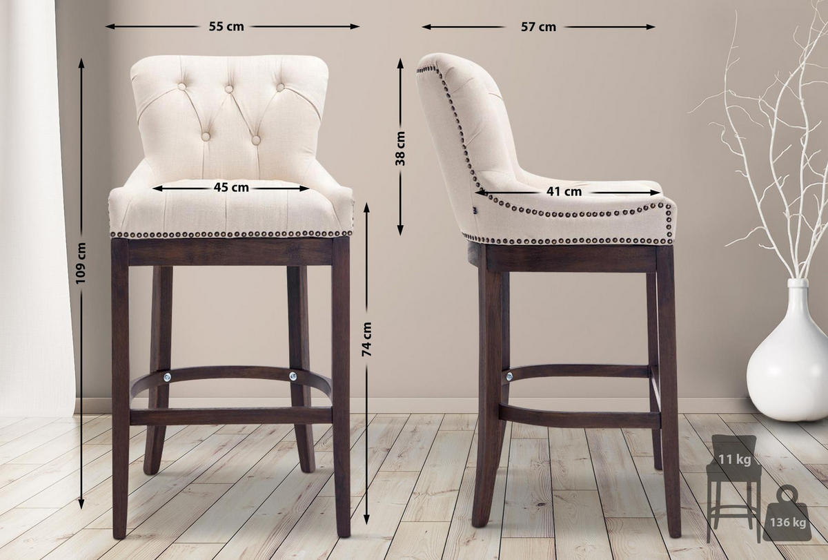 BARHOCKER Stoff creme - Dunkelbraun/Creme, Holz/Textil (55/109/57cm) - CLP