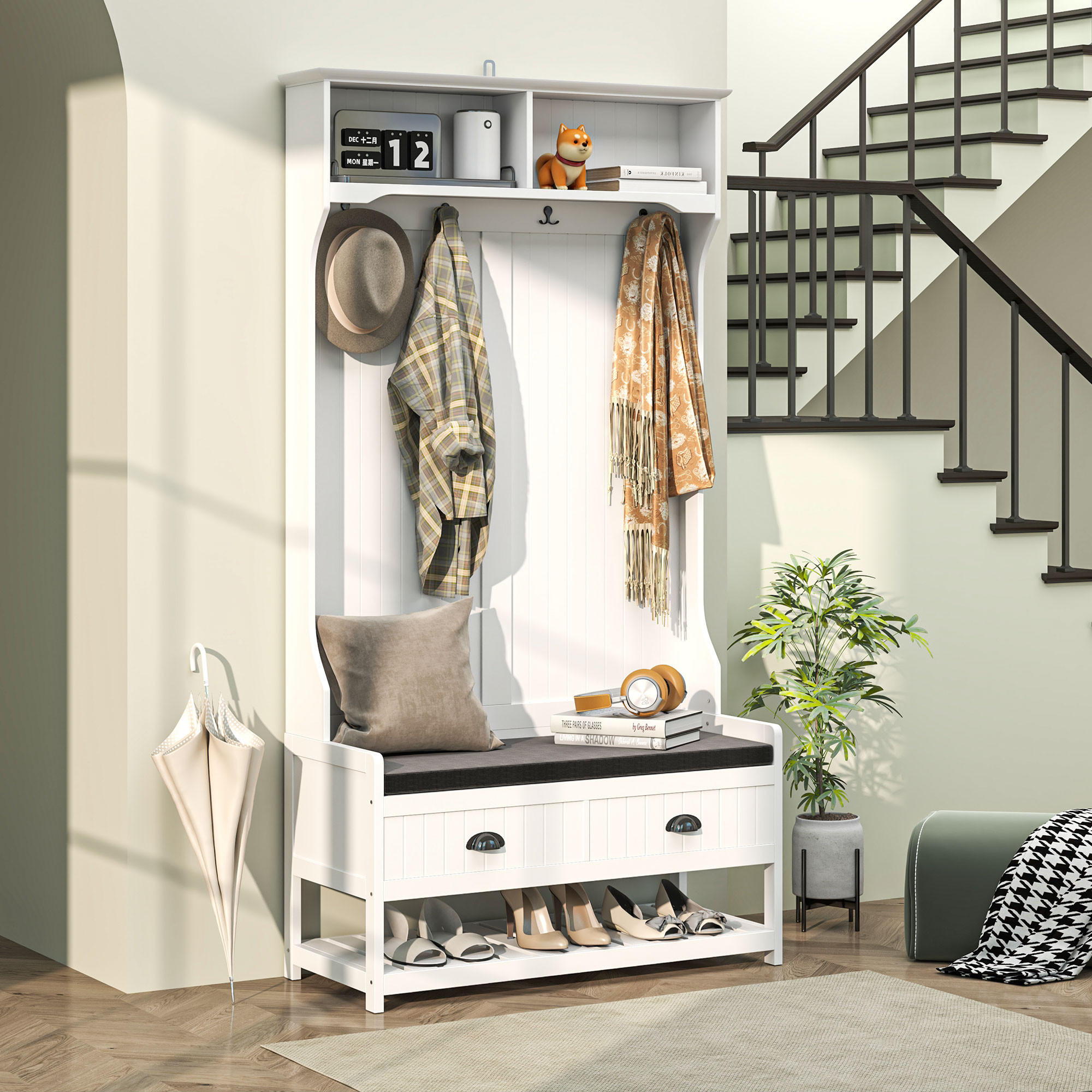 GARDEROBENSTÄNDER 2-in-1 , Kleiderständer mit 4 Haken, Weiß+Grau - Weiß, Holzwerkstoff (89/172/42cm) - HOMCOM