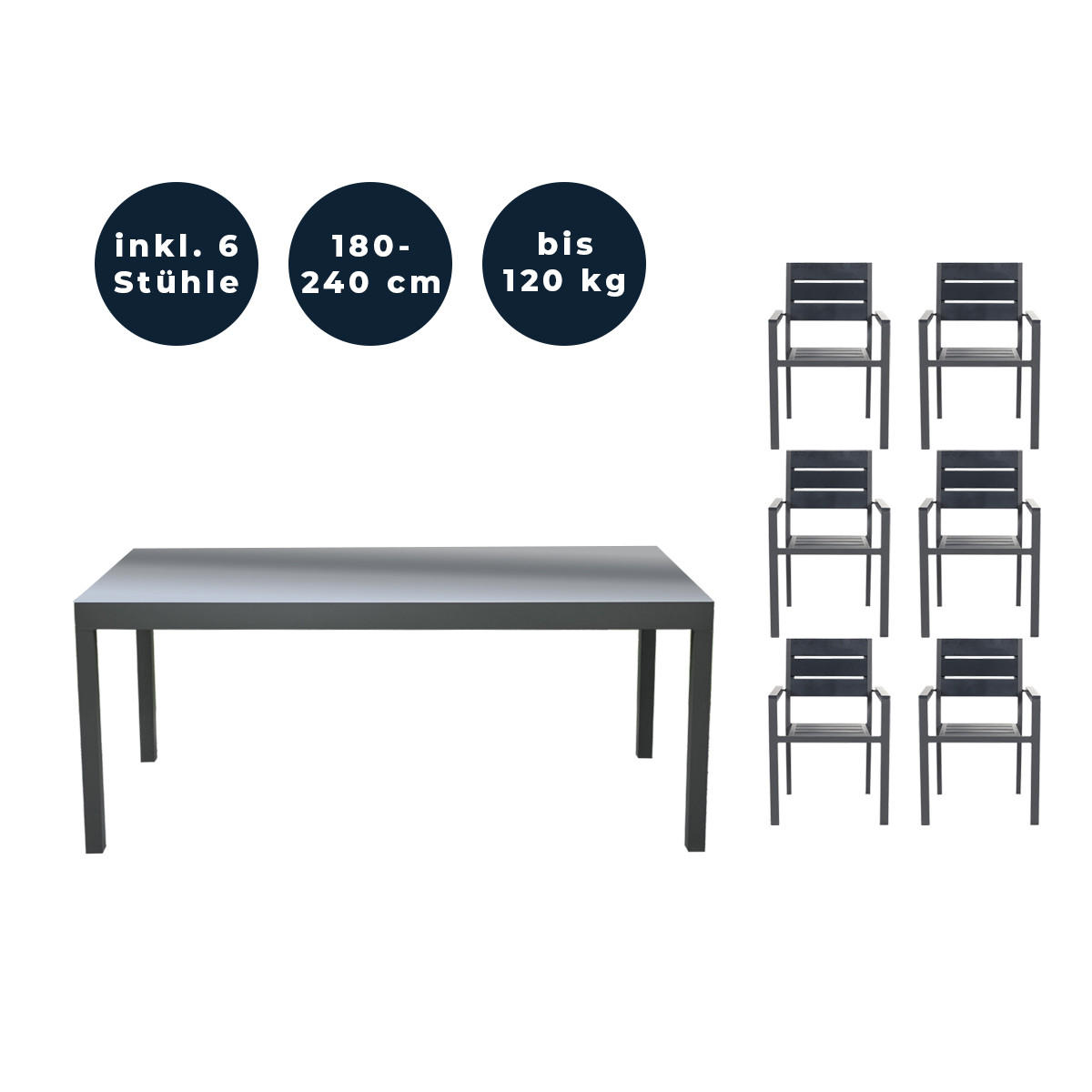 SITZGRUPPE SOL MADERA - 7 tlg. - Anthrazit/Hellgrau, Metall - Home Deluxe