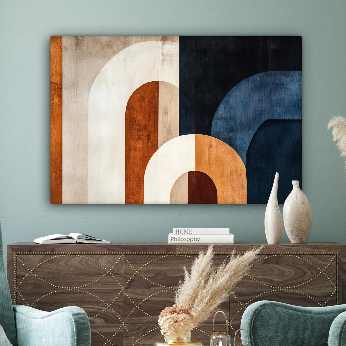 LEINWANDBILD Abstrakt - Formen - Dunkelblau Groß 140x90 cm - Cognac, Textil (140/90cm) - MuchoWow