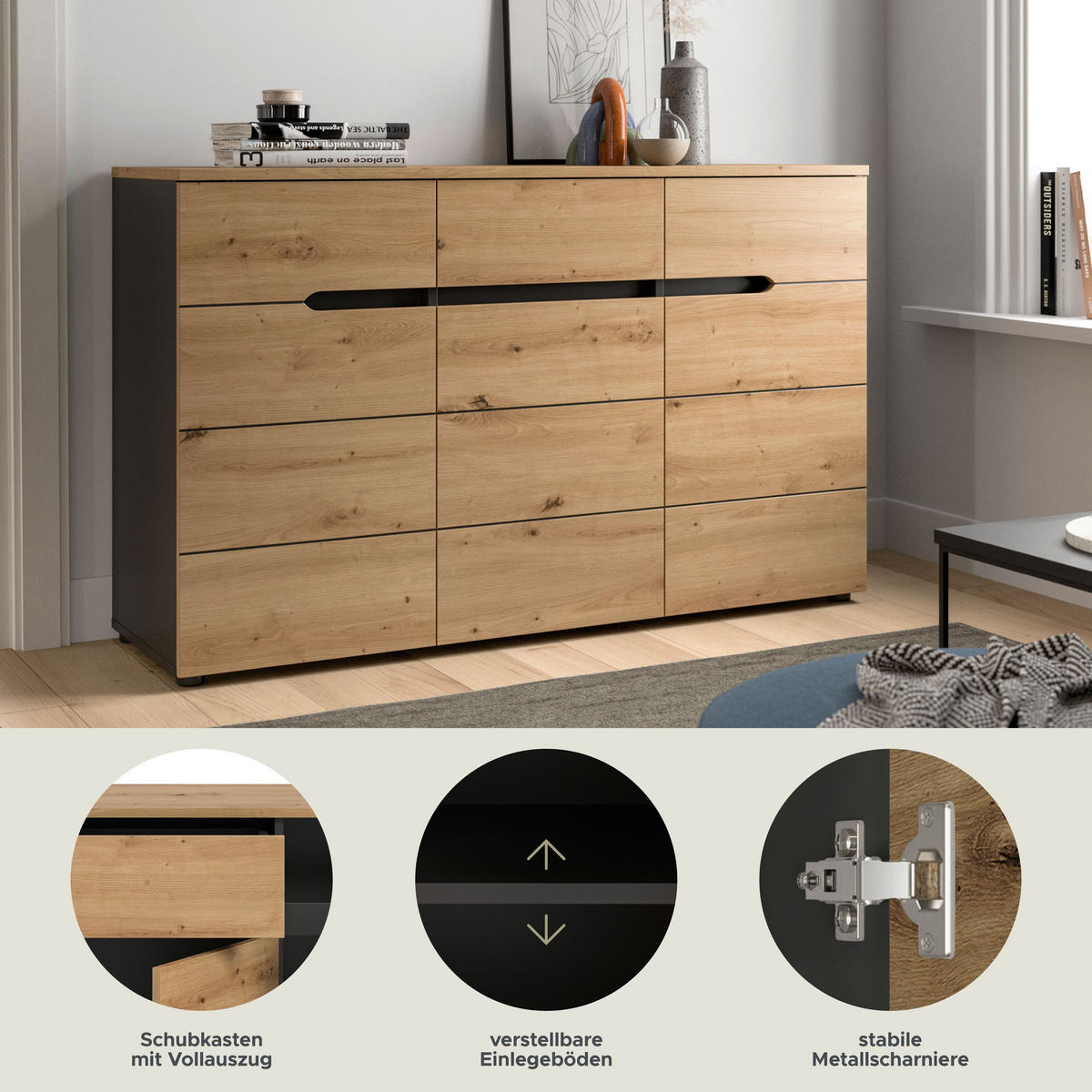 KOMMODE CANU (B/H/T: ca. 130/81/41 cm) in Basalt grau/Artisan Nachbildung - Grau, Holzwerkstoff (130/81/41cm)