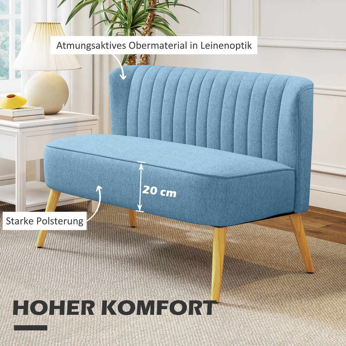 SOFA 2-Sitzer Couch Stoffsofa Sitzmöbel Polstersofa Loungesofa breit Blau - Blau/Naturfarben, Holz/Textil (56.5/77/117cm) - HOMCOM