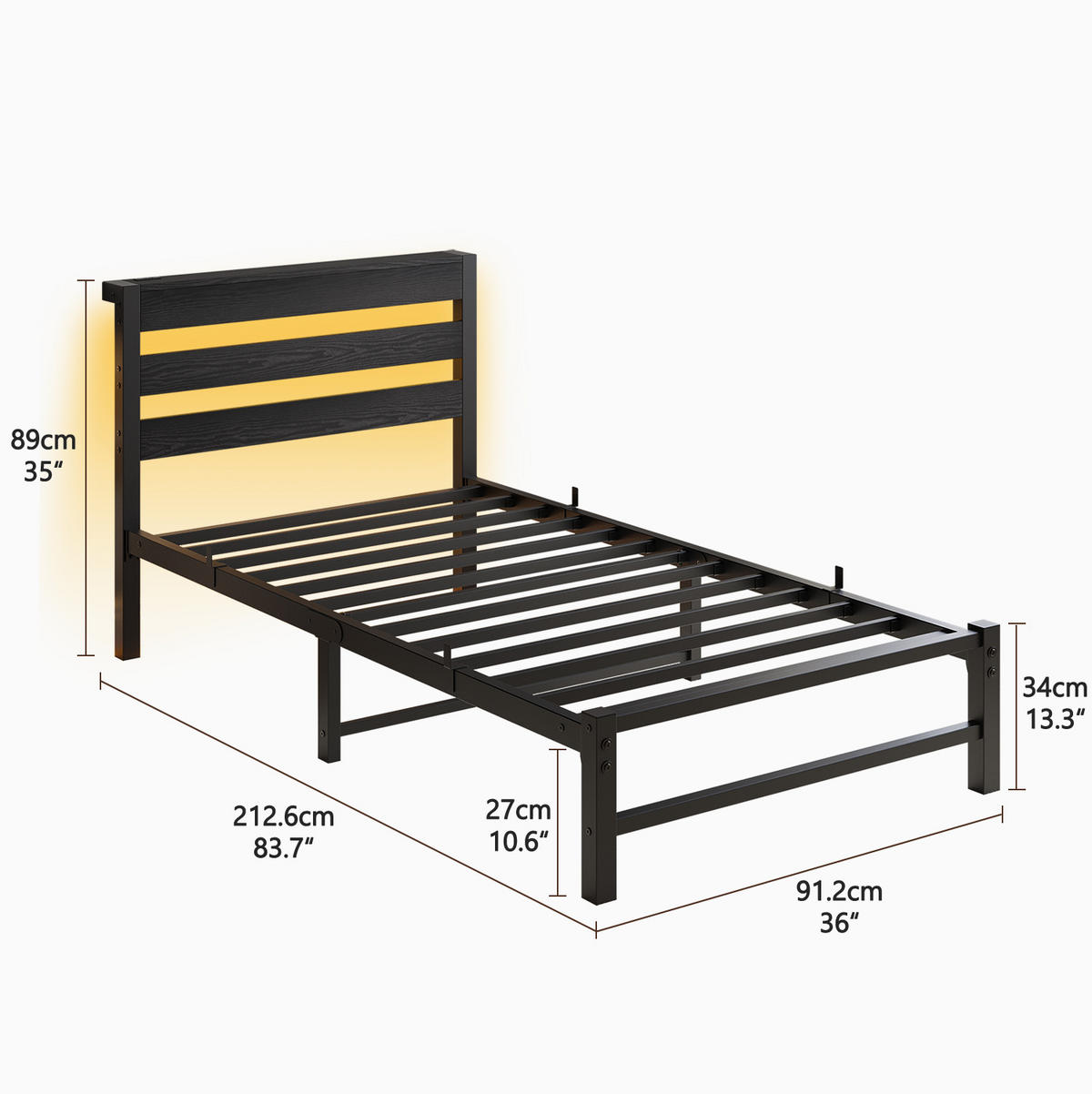 METALLBETT 90/200 cm Schwarz mit LED-Beleuchtung, USB-Ladestation und Stauraum unter dem Bett - Schwarz, Metall (90/200cm) - Oxeza