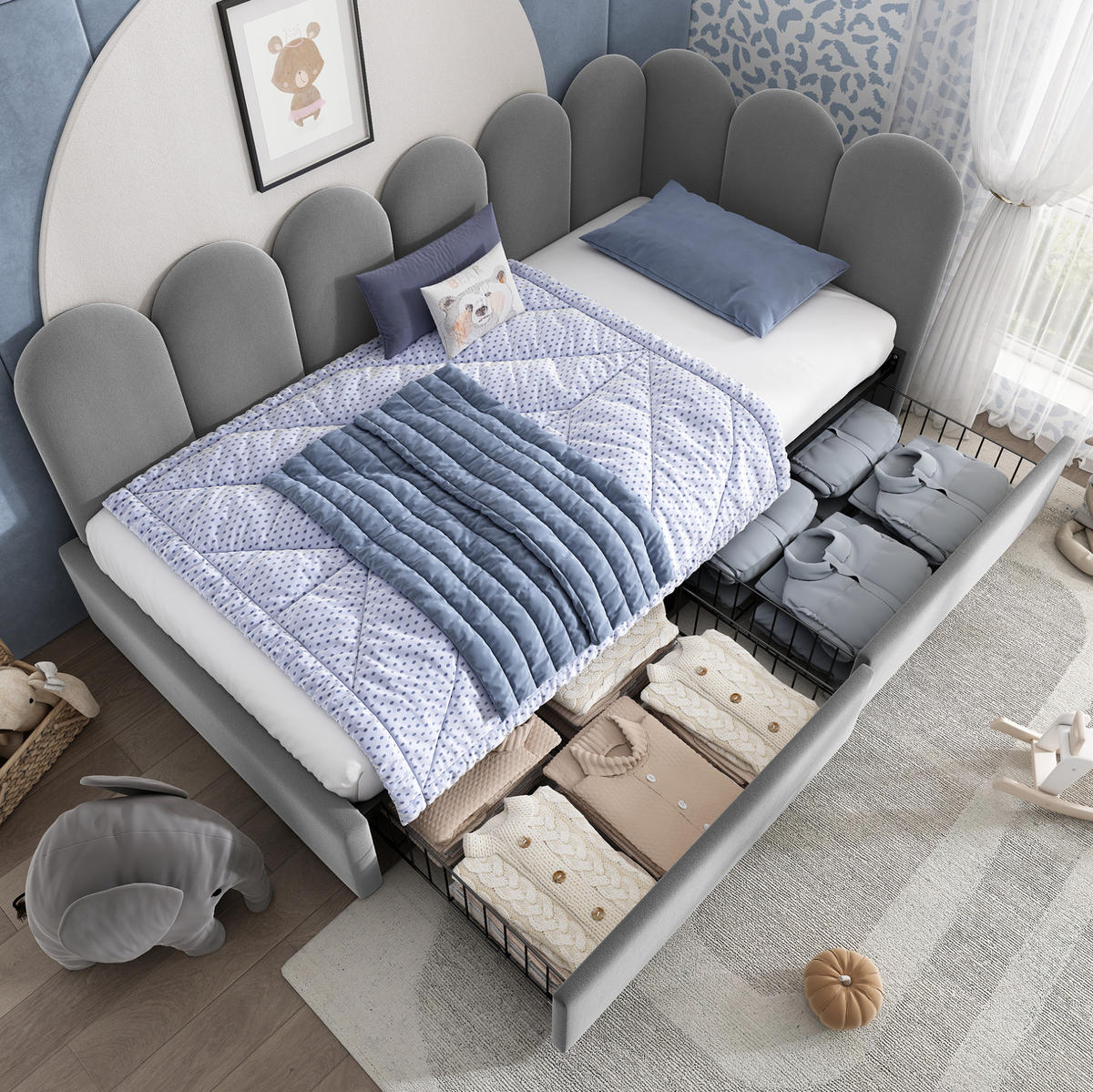 POLSTERBETT 90/200 cm Grau aus Samt mit 2 Schubladen - Grau, Textil (90/200cm) - OKMYHOME