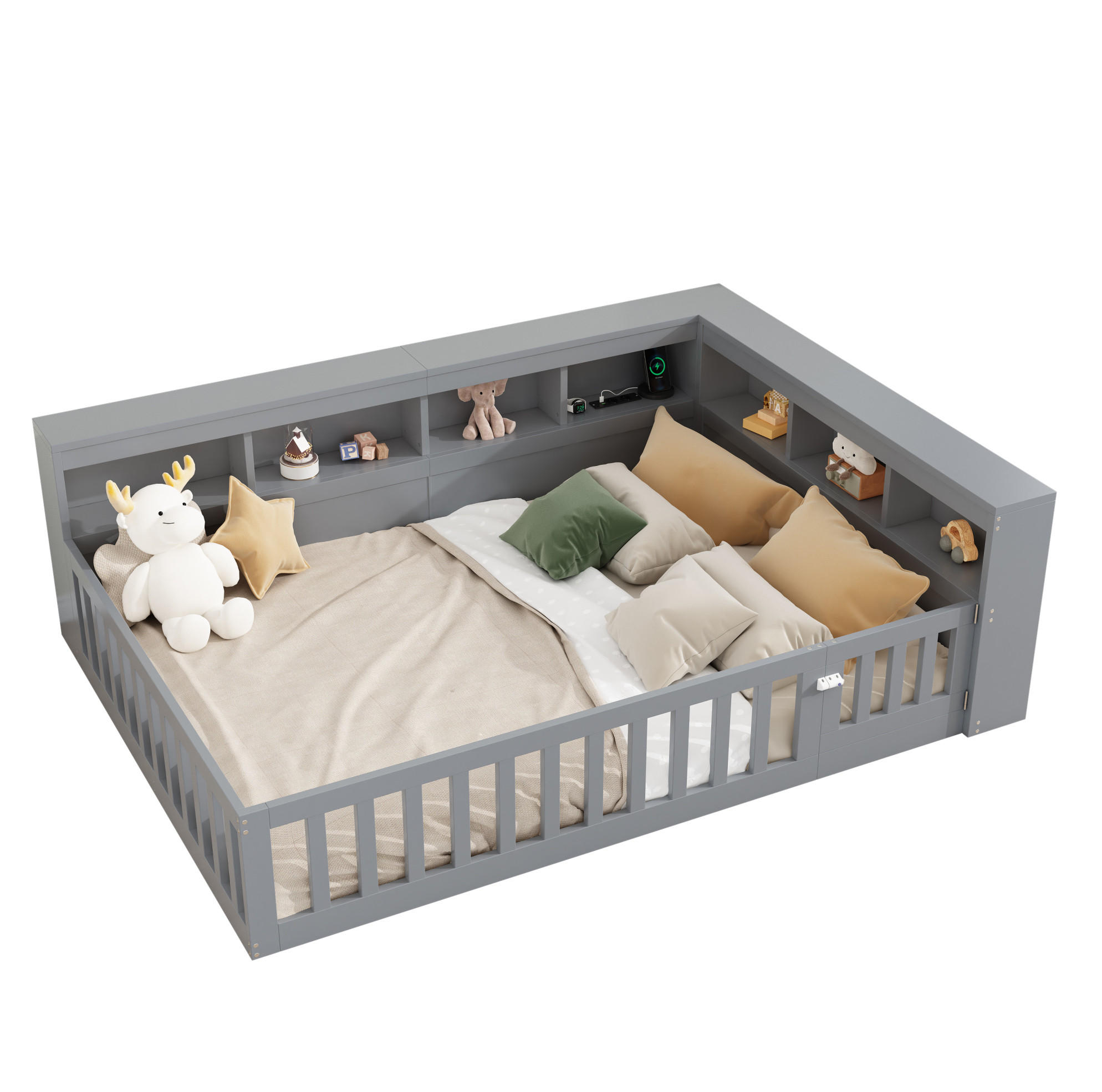 KINDERBETT Tagesbett 140/190 cm aus Spanplatte und MDF mit USB, Steckdose und Stauraum Grau - Grau, Holzwerkstoff (140/190cm) - Modenvie
