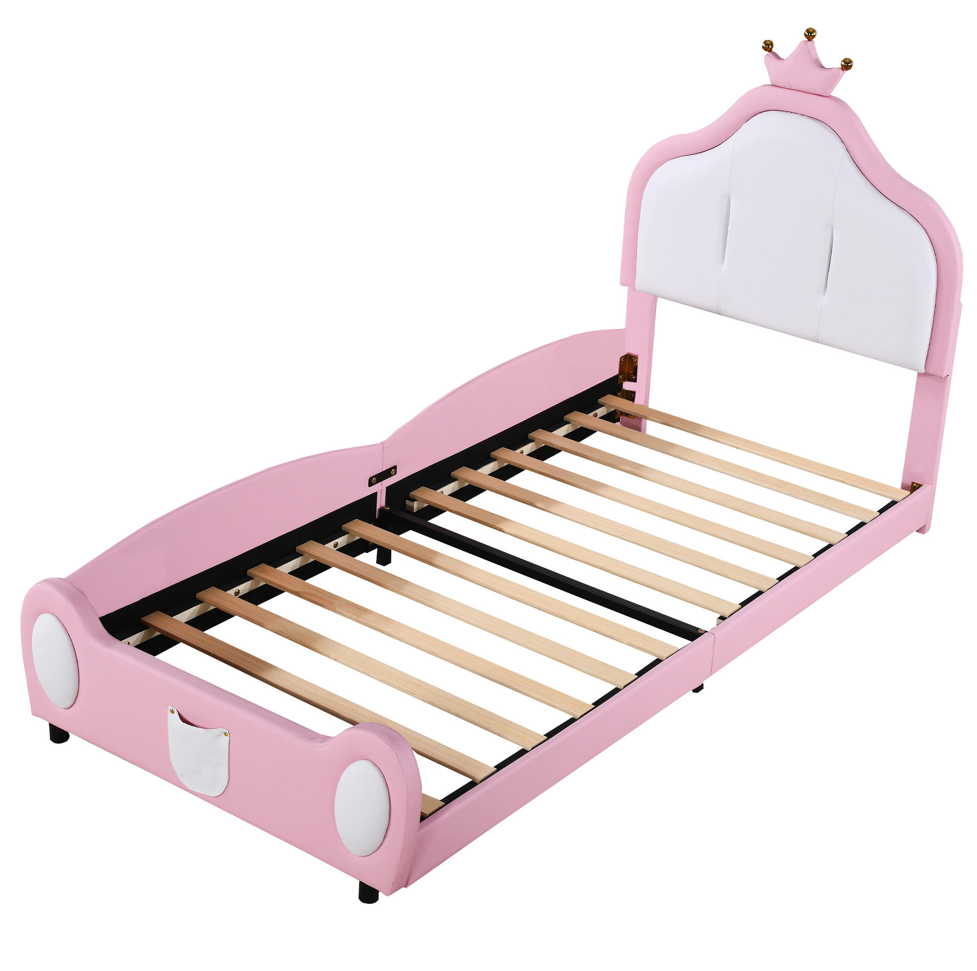 KINDEREINZELBETTEN aus Kunstleder 90x200 cm in Rosa mit Kronen-Kopfteil - Rosa, Leder (90/200cm) - Modfu