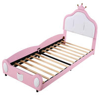 KINDEREINZELBETTEN aus Kunstleder 90x200 cm in Rosa mit Kronen-Kopfteil - Rosa, Leder (90/200cm) - Modfu