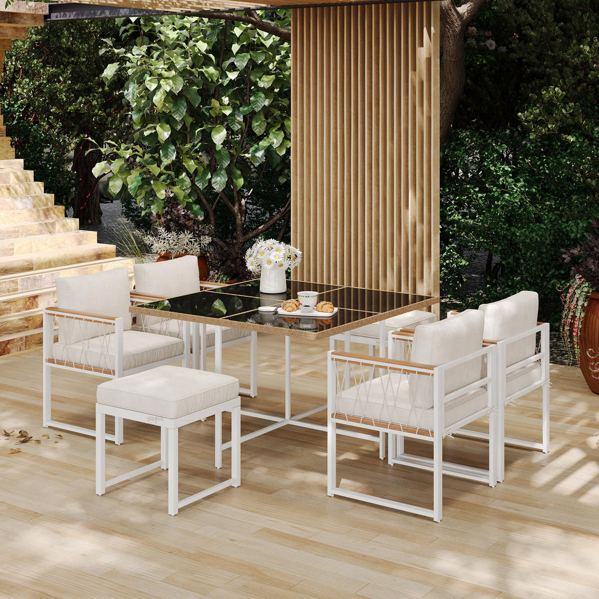 GARTENTISCH- UND STUHLSET Weiß 7tlg - Creme, Glas/Holzwerkstoff - Urban Meuble