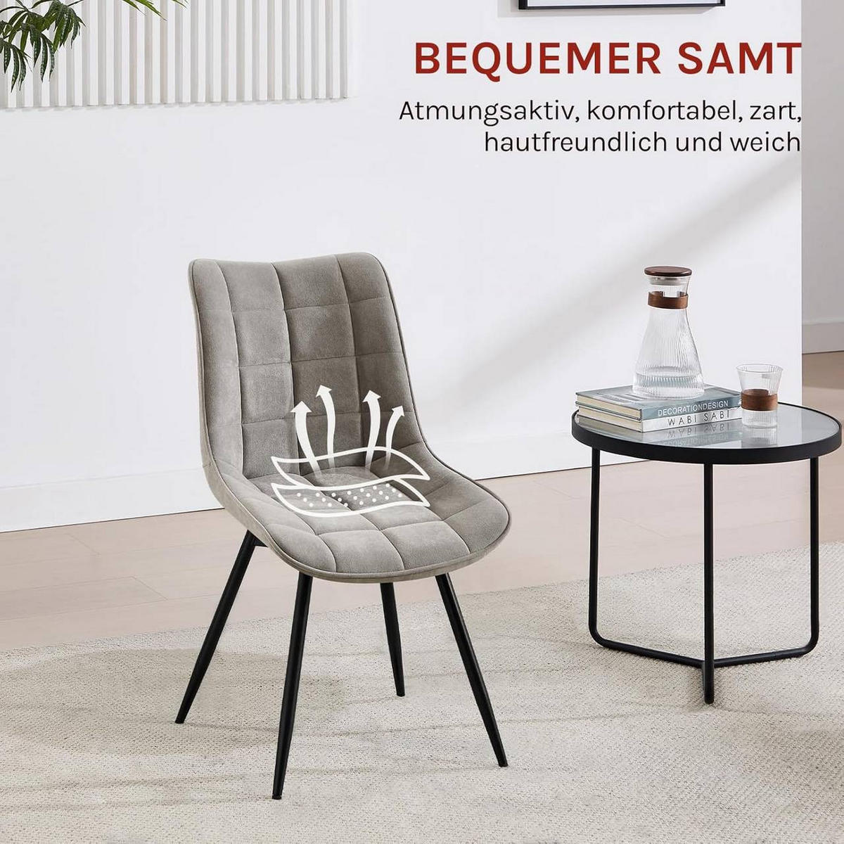 ESSZIMMERSTUHL 2er Set, aus Samt, Hellgrau - Hellgrau/Schwarz, Textil/Metall (46/83.5/60.5cm) - Woltu