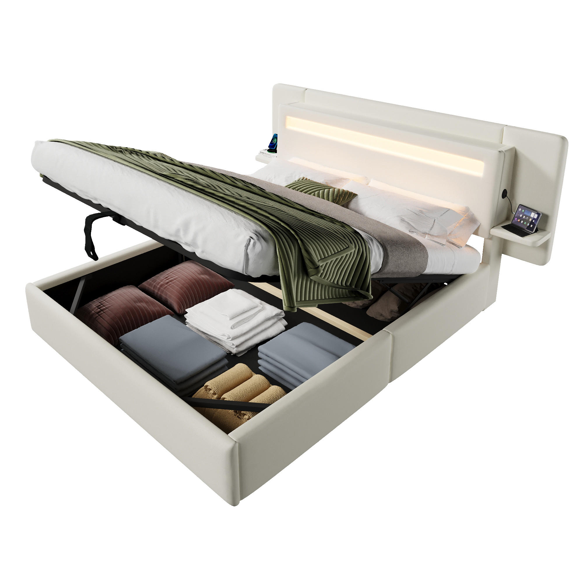 POLSTERBETT 140 x 200 cm in beige, mit hydraulischem Stauraum und integriertem Nachttisch - Beige, Textil (140/200cm) - KOMHTOM