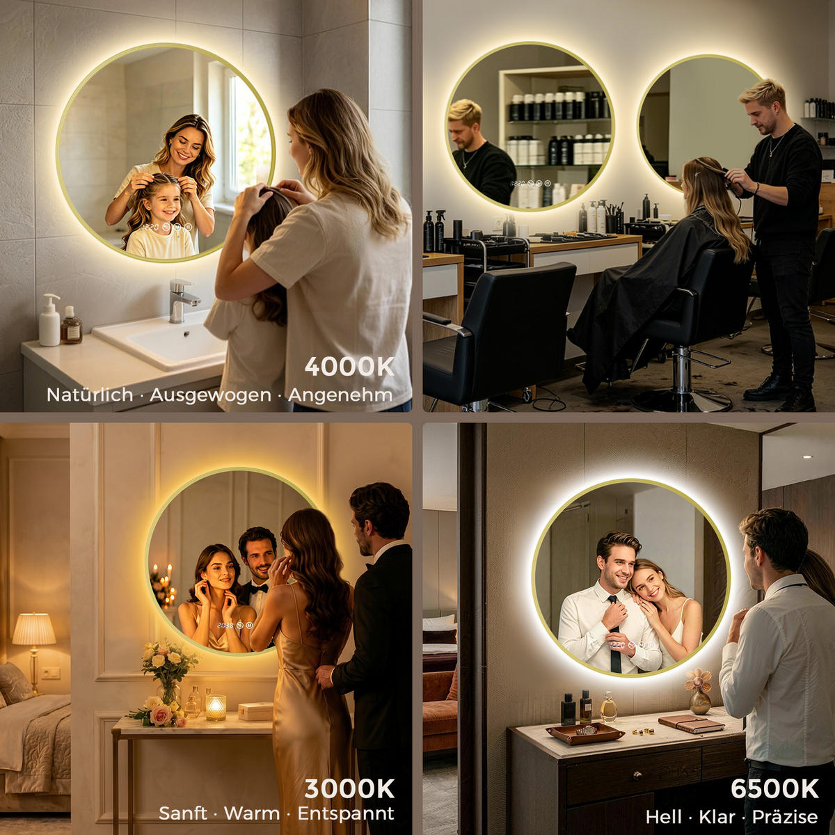 BADSPIEGEL mit Beleuchtung 70 cm rund gold mit Aluminiumrahmen, LED dimmbar und Antibeschlag - Goldfarben, Glas (70/70/3.3cm) - S'AFIELINA