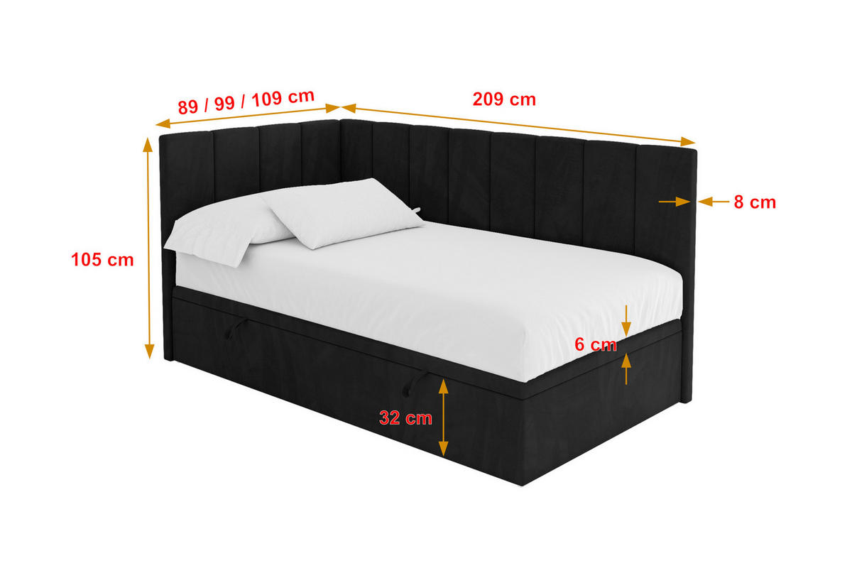 EINZELBETT Jugendbett mit Bettkasten Rechts, ohne Matratze - LOVY 100x200 Schwarz - Schwarz, Holzwerkstoff/Textil (100/200cm) - ALTDECOR