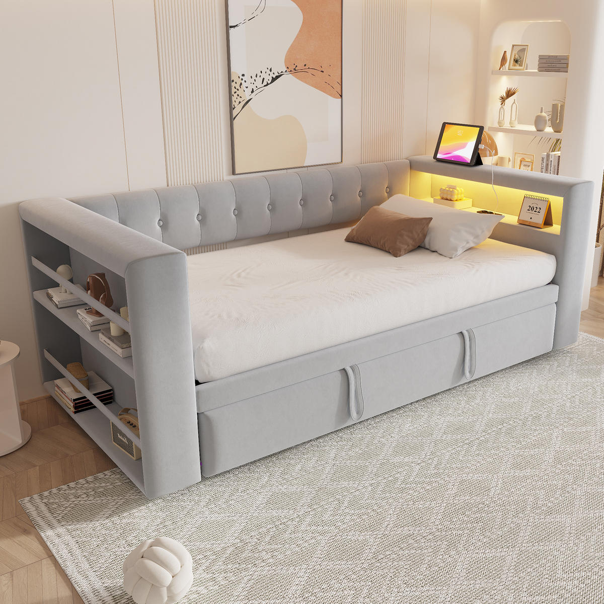 SCHLAFSOFA 90/180 × 190 cm in Hellgrau Stoff mit LED, Steckdose und Stauraum - Hellgrau, Holzwerkstoff/Textil (90/190cm) - WISHDOR