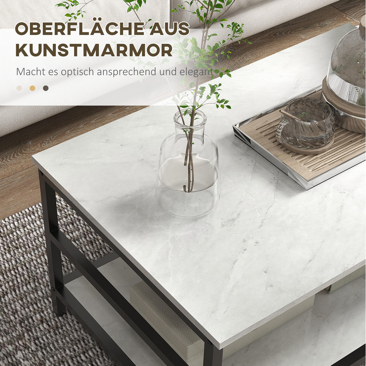 COUCHTISCH 2er-Set Beistelltisch, Kaffeetisch Satztisch mit Marmoroptik Stahl - Multicolor/Schwarz, Holzwerkstoff/Metall (80/54/41cm) - HOMCOM