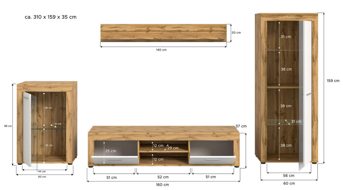 WOHNWAND Milo 4 tlg. (B/H/T: ca. 310/169/40 cm) in Wotan Eiche /weiß - Eiche Wotan, Holzwerkstoff (310/169/40cm)