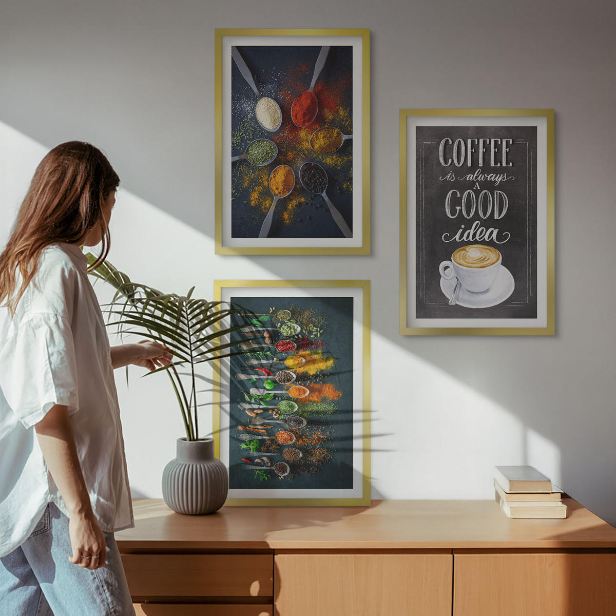WANDBILDER 3er Set - 40x60 cm Goldrahmen - Gewürze, Kaffee, Kräuter, Muster - Goldfarben, Kunststoff (40/60cm) - ArtPrintCave