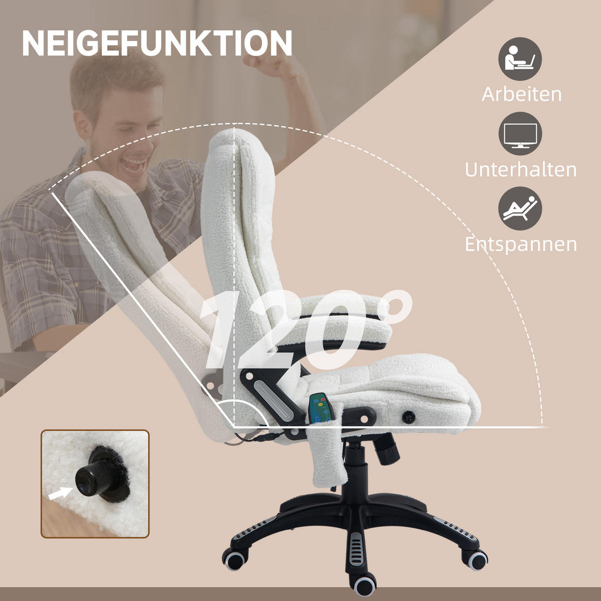 MASSAGE-BÜROSTUHL mit Wippfunktion, Schreibtischstuhl mit Heizfunktion, Weiß - Schwarz/Weiß, Kunststoff/Textil (74/116/67cm) - Vinsetto