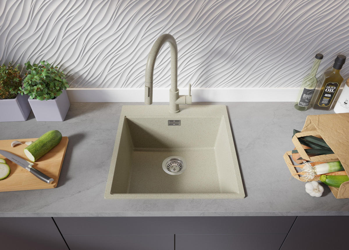 GRANITSPÜLE Oslo, 2-er set Beige 48/50 cm 1 Becken + Küchenarmatur 32/20 cm + Ablauf-Set + Schneidebrett ab 50er Unterschrank - Beige, Kunststoff (48/20/50cm) - Primagran