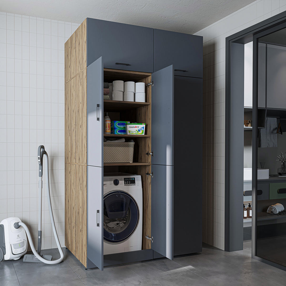 WASCHMASCHINENSCHRANK DORA-II 130cm Breit, 230cm Hoch - Anthrazit, Holzwerkstoff (130/230/73.8cm)