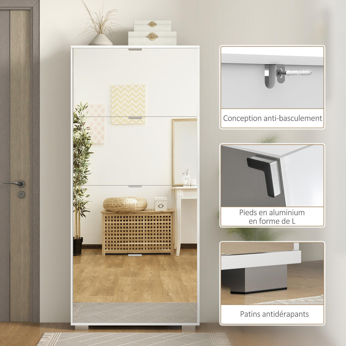 SCHUHSCHRANK DE-15004 4 Klapptüren mit Spiegel & höhenverstellbaren Böden - Weiß, Holzwerkstoff (76/168/26cm) - ComfortXL