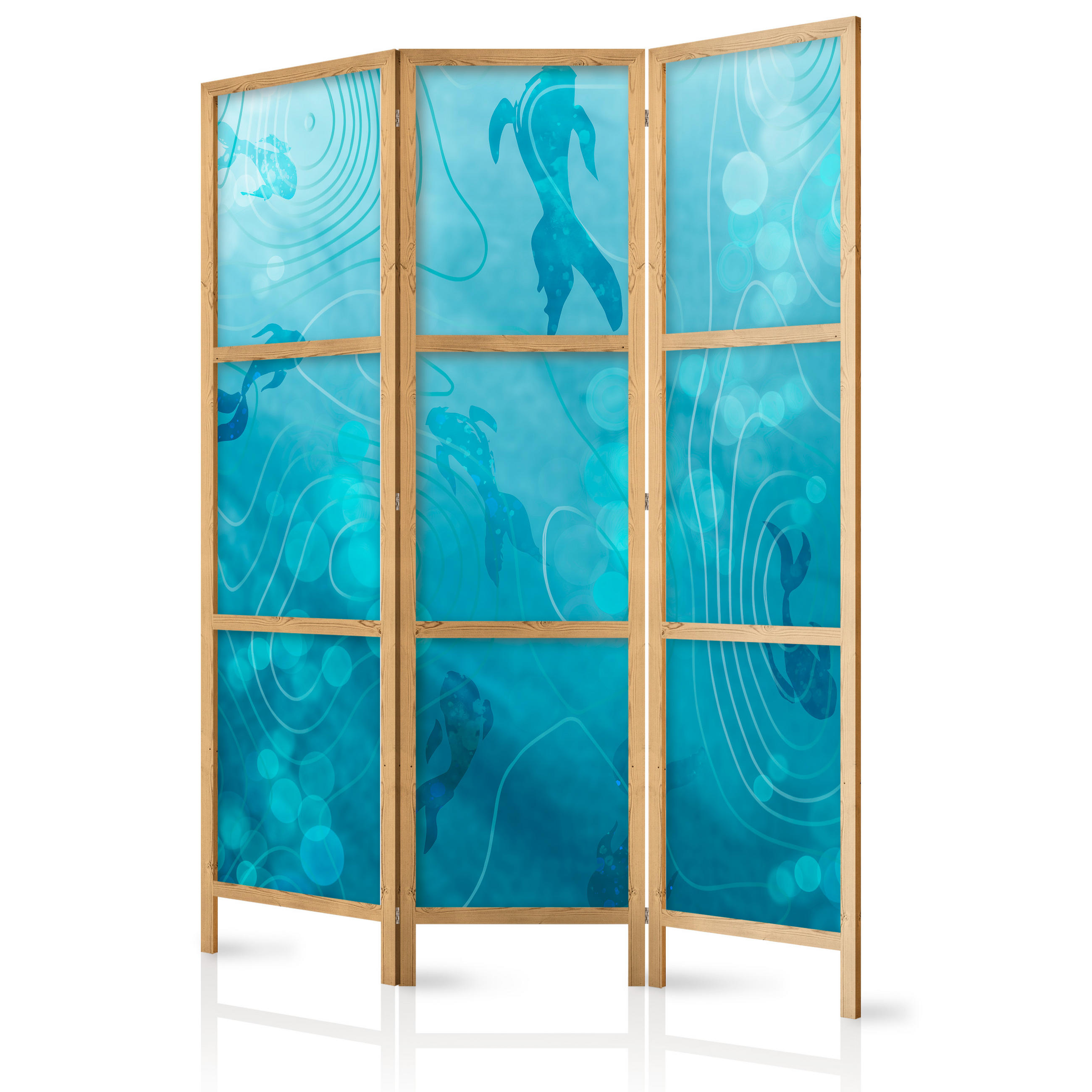 PARAVENT Japanischer 3-tlg 135x172 cm Fische unter Wasser - Blau, Holz/Textil (135/172/3cm) - Muralo