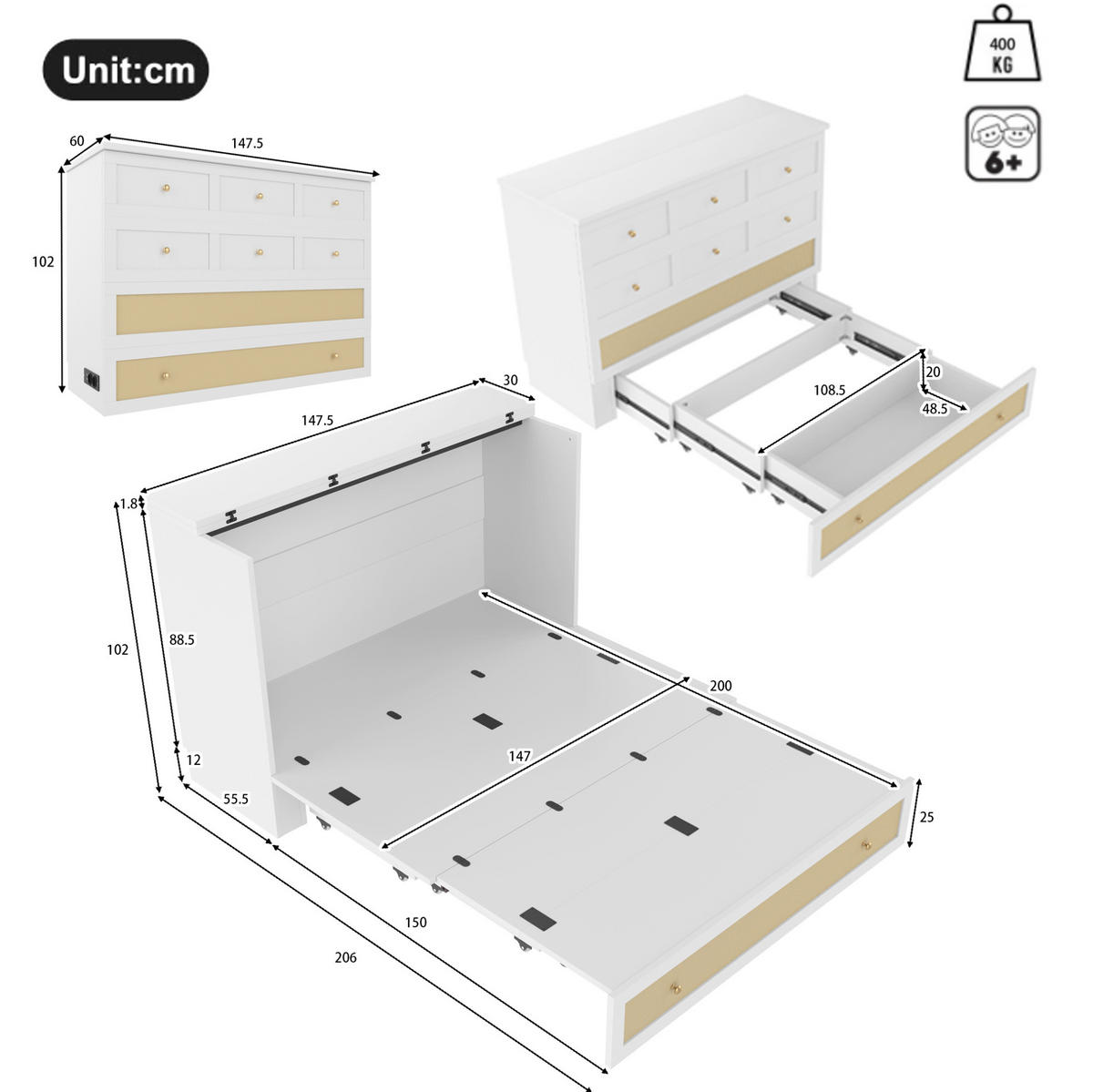 BETT 140/200 cm in Weiß mit USB-Anschluss, Steckdose und Stauraum - Weiß, Holzwerkstoff (140/200cm) - Flora Grace