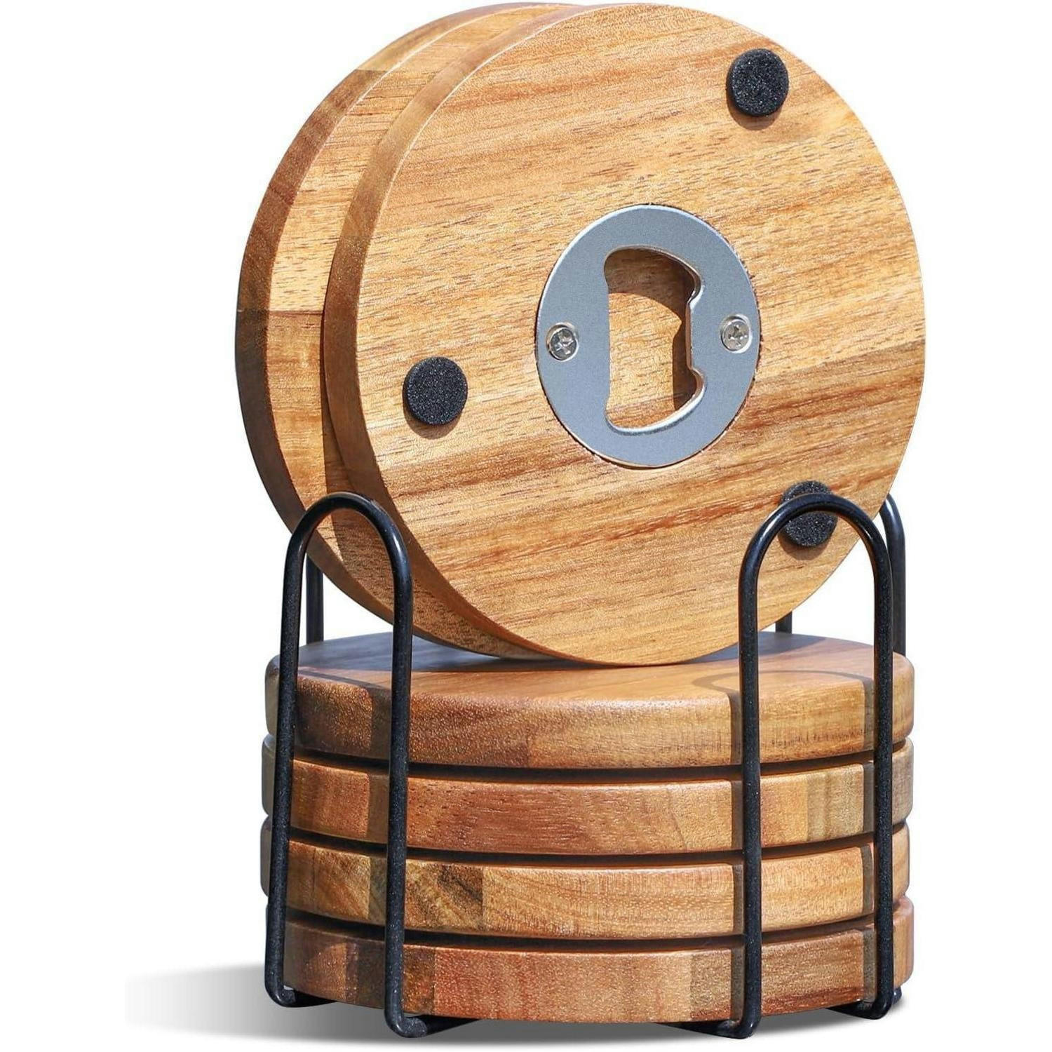 UNTERSETZER Holz 6er Set mit Flaschenöffner - Braun, Holz (10/10cm)