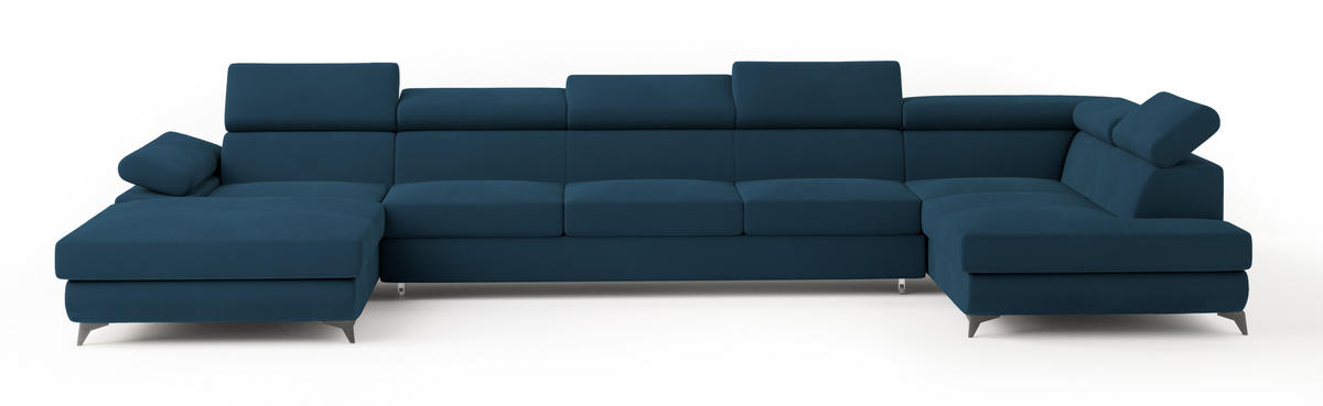 WOHNLANDSCHAFT MONTIVA Blau Velours-Stoff mit Schlaffunktion - Blau, Holz (410/89/190cm) - MASSENO